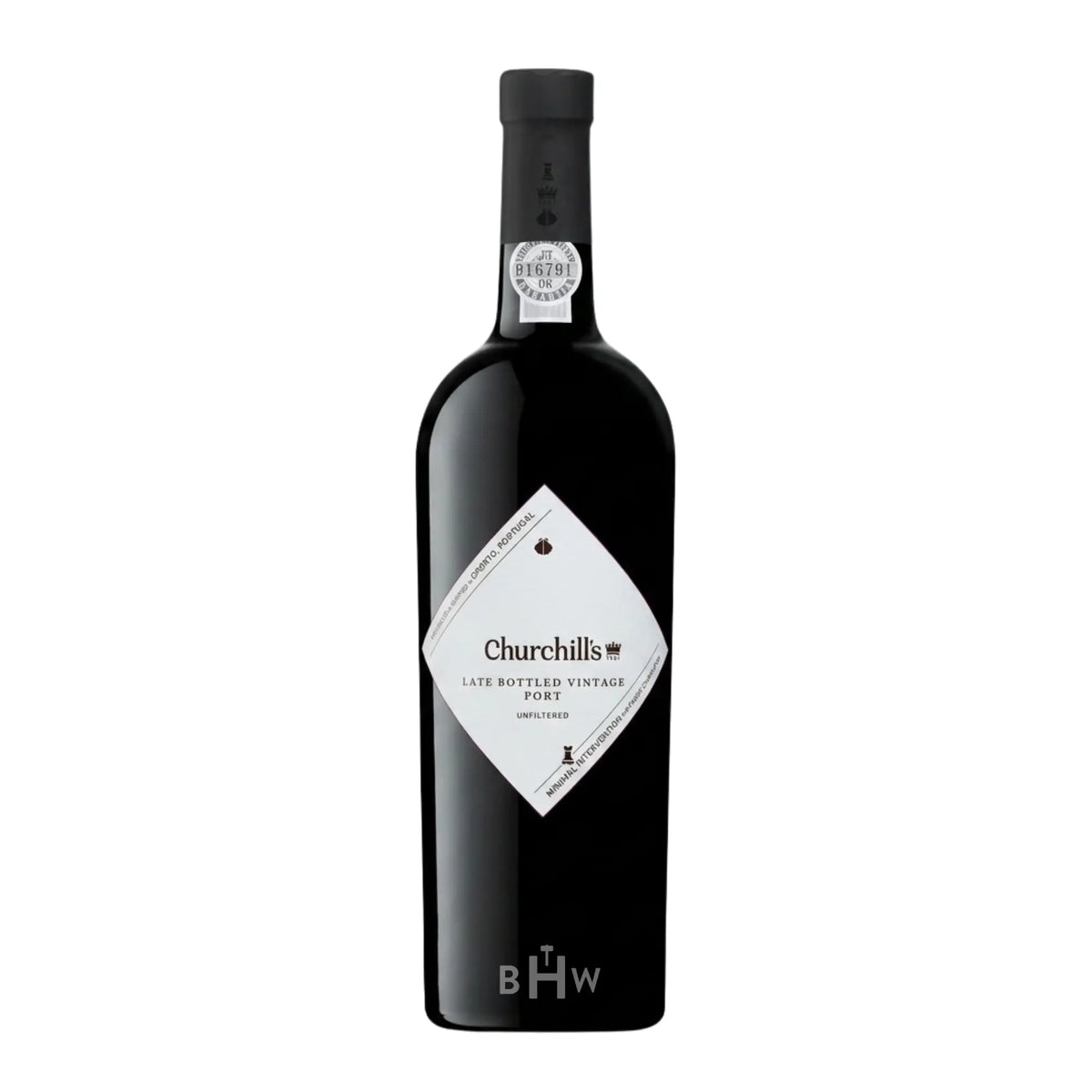 Bottle of 2017 Churchill's Late Bottled Vintage Port Douro featuring a white diamond-shaped label and black capsule, curated by Big Hammer Wines.
