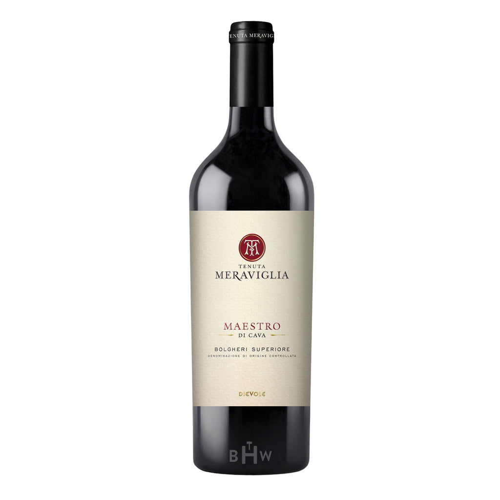 A bottle of 2017 Tenuta Meraviglia 'Maestro di Cava' Bolgheri Superiore Italian red wine. The bottle features a black foil capsule and a cream-colored textured label. The label displays a circular red "TM" monogram logo, followed by the "Tenuta Meraviglia" brand name and "MAESTRO DI CAVA" in red and black elegant serif typography. The "Bolgheri Superiore" DOC designation and the "Dievole" family name are visible at the bottom.