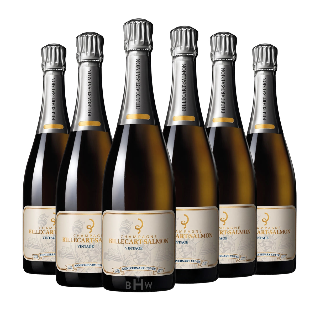 Six bottles of 2018 Billecart-Salmon Vintage Anniversary Cuvée Champagne sparkling wine. Curated by Big Hammer Wines.