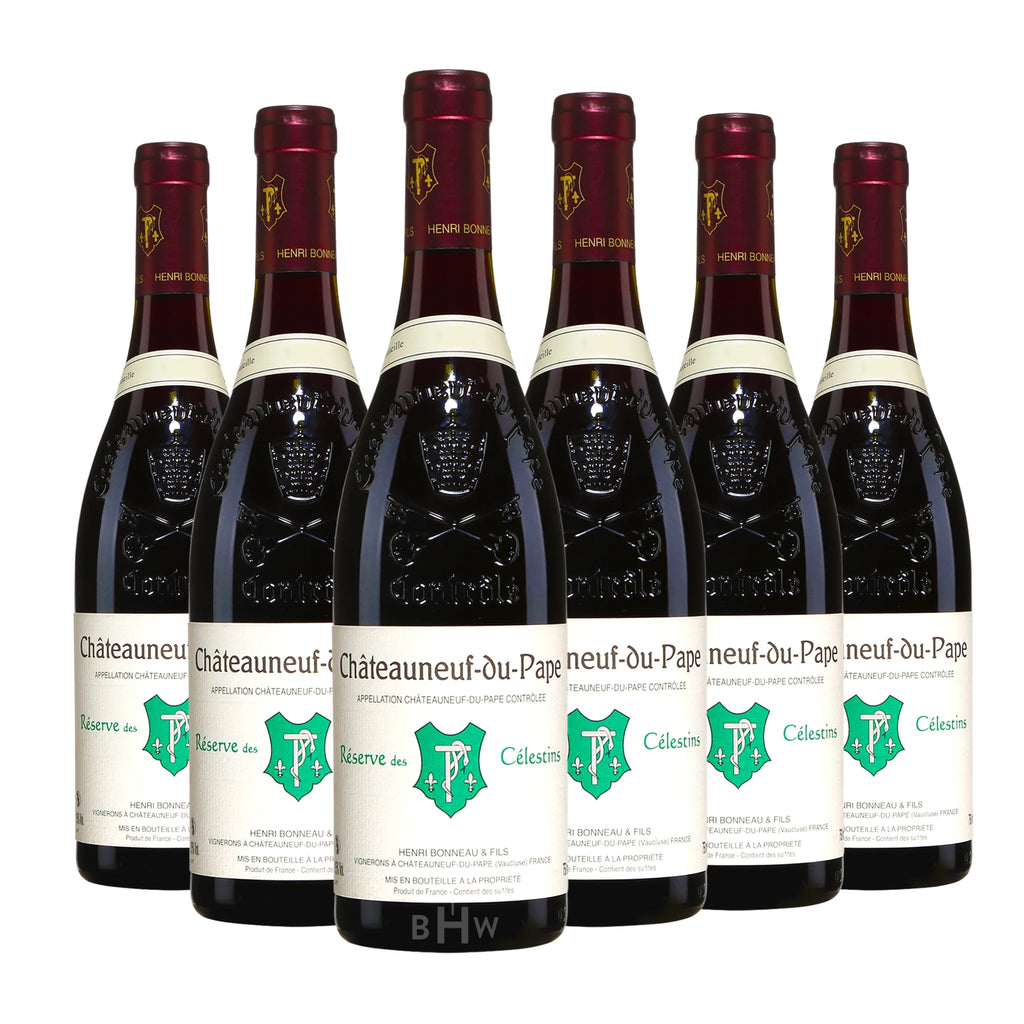 Six bottles of 2018 Henri Bonneau Réserve des Célestins Châteauneuf-du-Pape red wine. Curated by Big Hammer Wines.