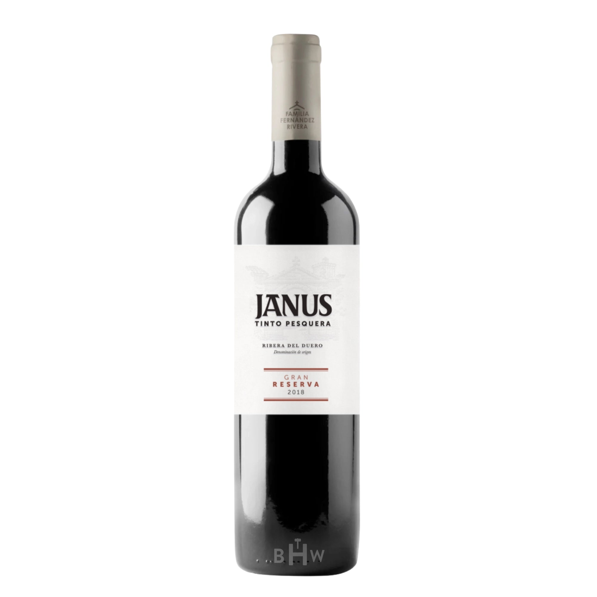 2018 Tinto Pesquera Janus Gran Reserva Ribera del Duero red wine bottle, premium aged Tempranillo from Spain with elegant white label and classic presentation