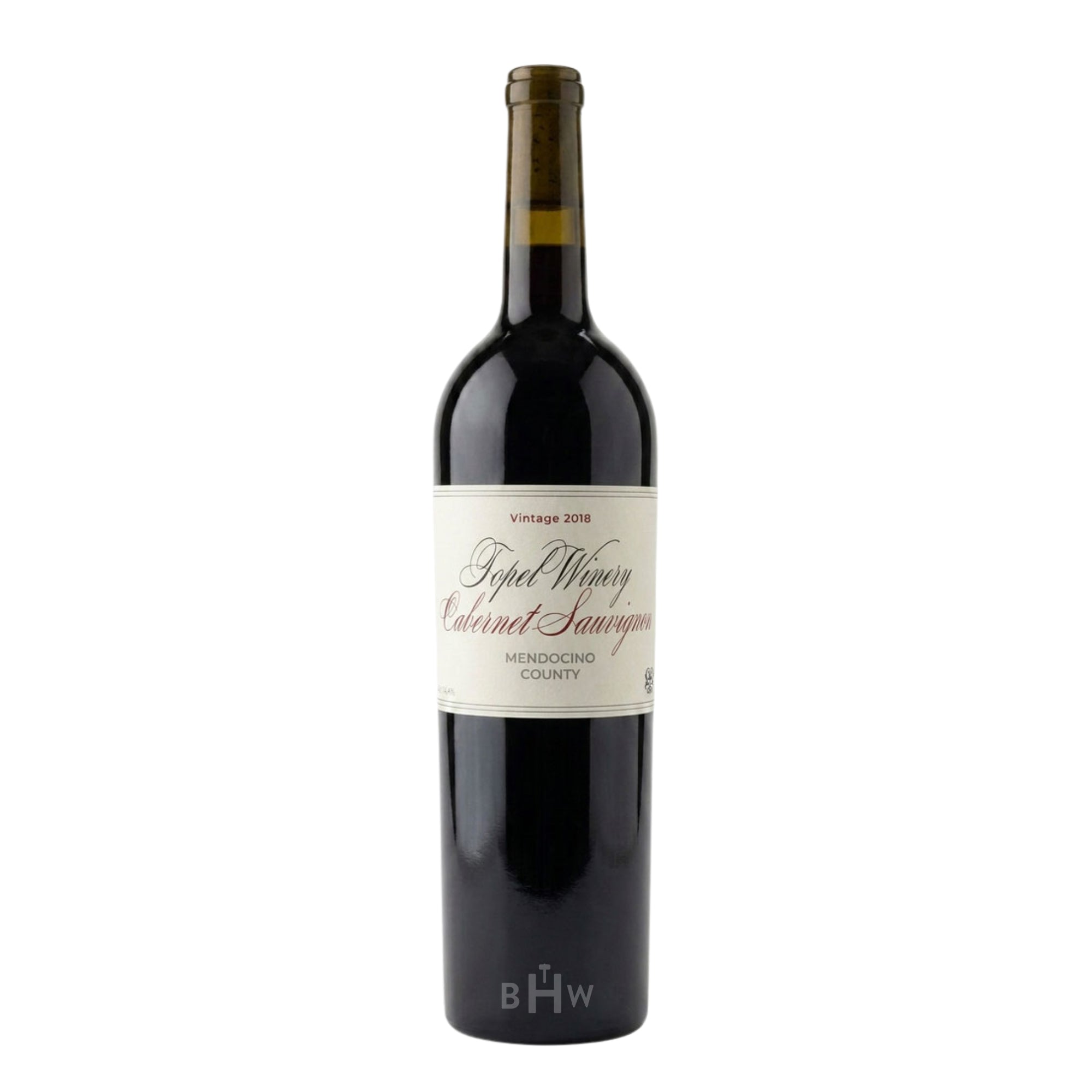 A bottle of 2018 Topel Winery Cabernet Sauvignon Mendocino County red wine. Curated by Big Hammer Wines.