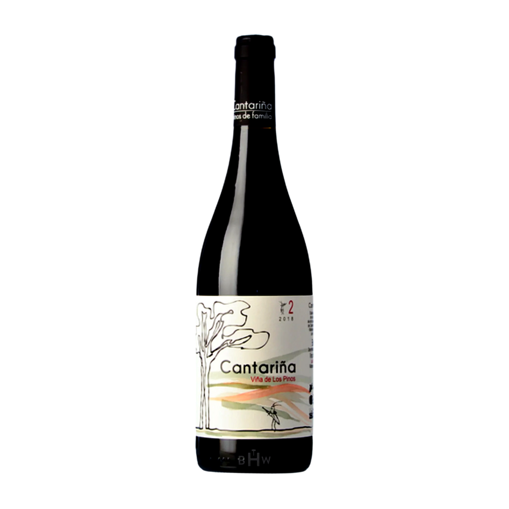 A bottle of 2018 Cantariña Viña de Los Pinos Mencia wine from Spain, showing the label with the name of the wine and an illustration of a tree.