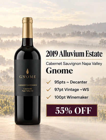 A bottle of 2019 Alluvium Estate Gnome Cabernet Sauvignon from Coombsville, Napa Valley, set against a misty vineyard background. The right side highlights accolades with checkmarks: 95pts from Decanter, a 97pt Vintage from Wine Spectator, and a 100pt Winemaker, along with a prominent box advertising 55% OFF.