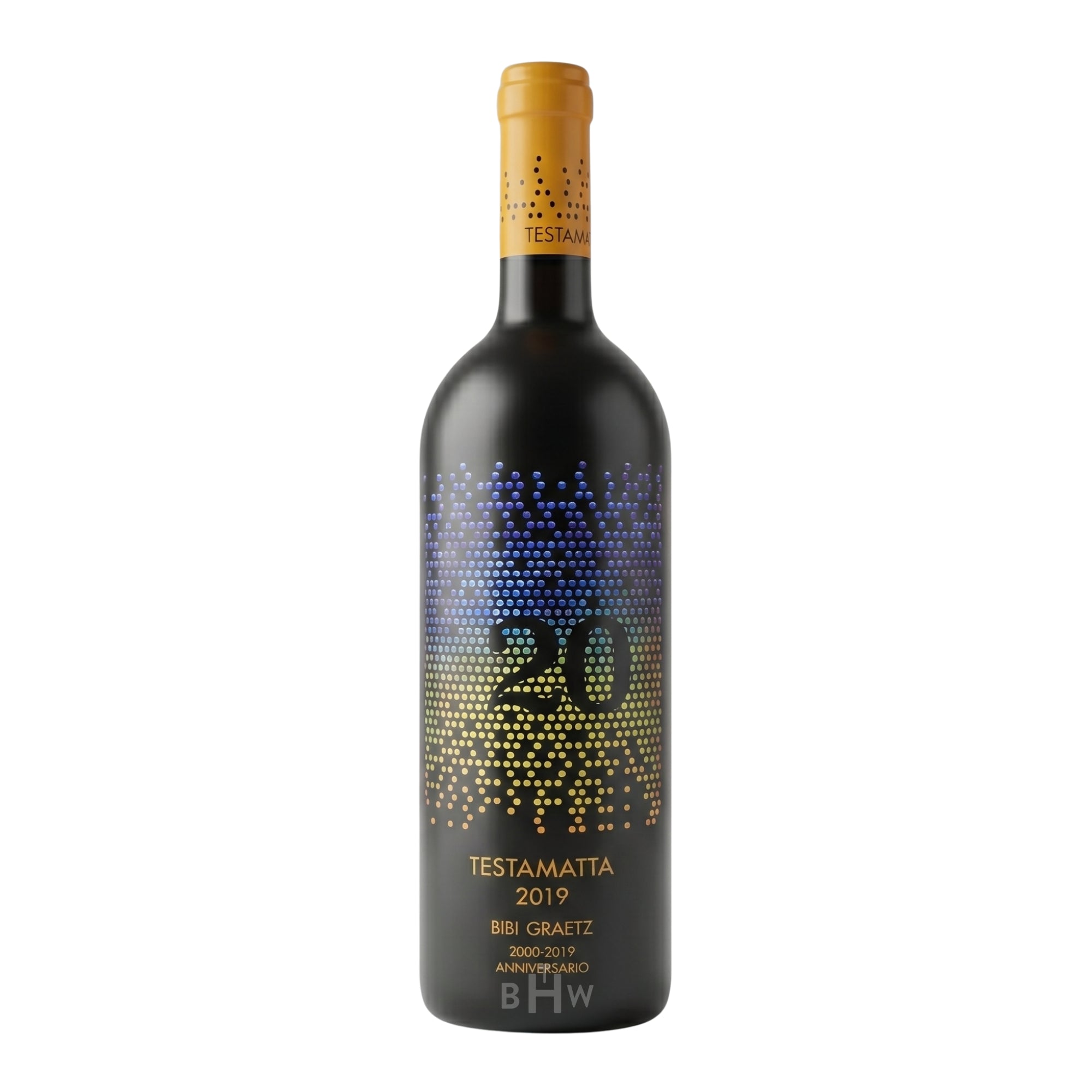 A bottle of 2019 Bibi Graetz '20th Anniversary' Testamatta Toscana IGT, featuring a sleek black design with a vibrant, multi-colored dot pattern forming the number "20."