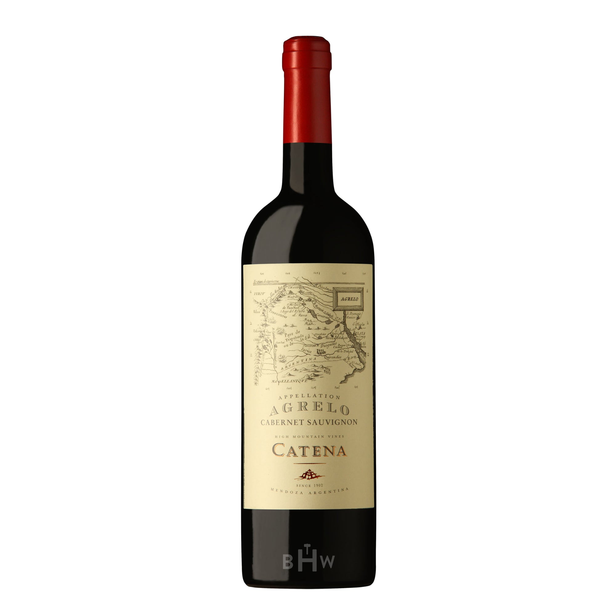 A bottle of 2019 Catena Appellation Agrelo Cabernet Sauvignon from Mendoza, Argentina, featuring a red foil capsule and a vintage-style cream label with an illustrated map