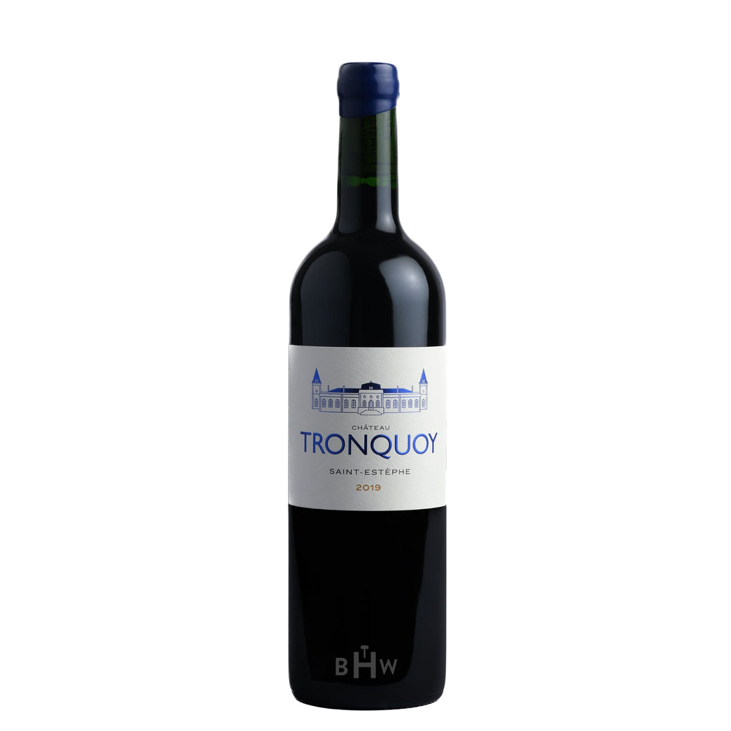 A bottle of 2019 Château Tronquoy Saint-Estèphe Bordeaux red wine featuring a blue wax-style capsule and a white label with a blue illustration of the estate