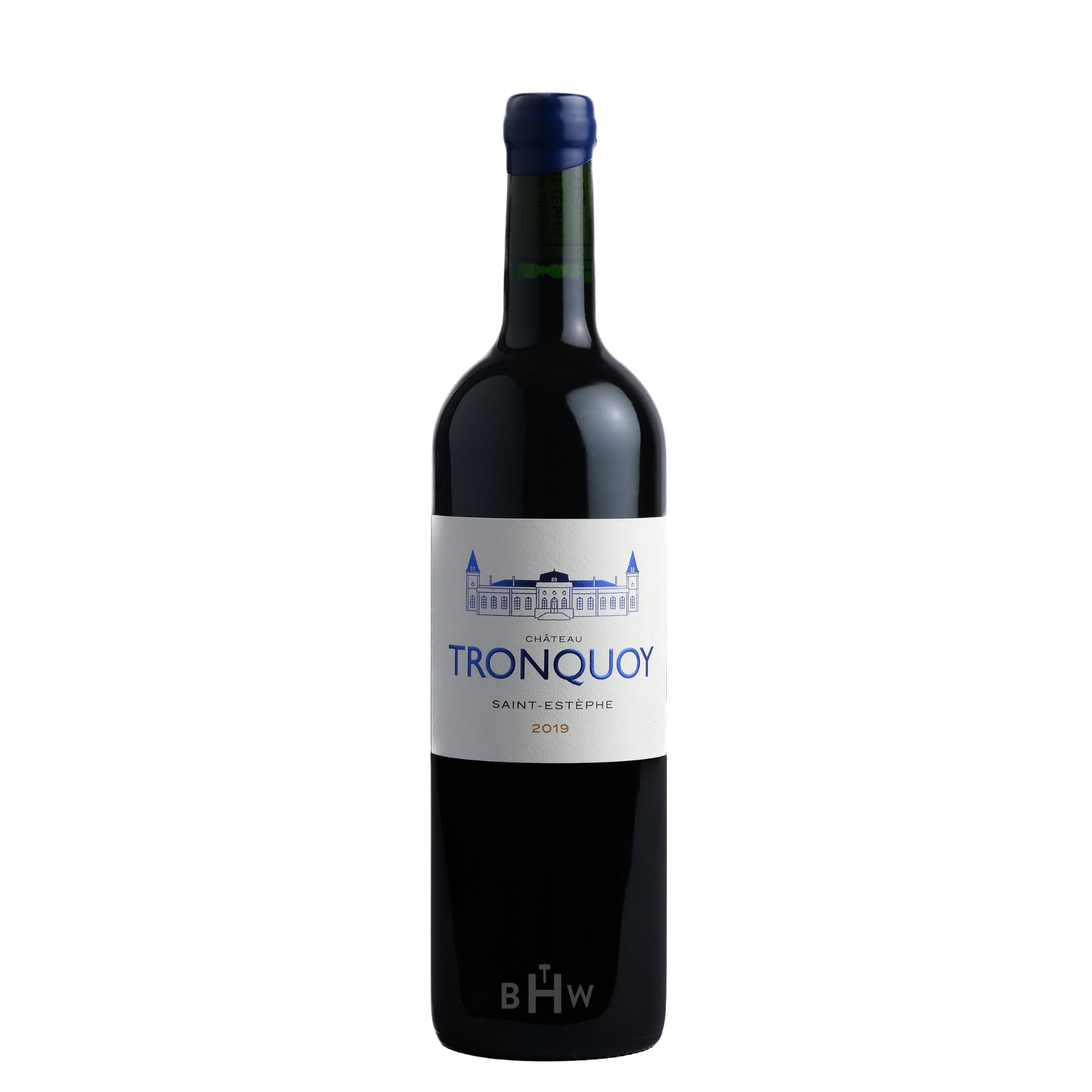 A bottle of 2019 Château Tronquoy Saint-Estèphe Bordeaux red wine featuring a blue wax-style capsule and a white label with a blue illustration of the estate