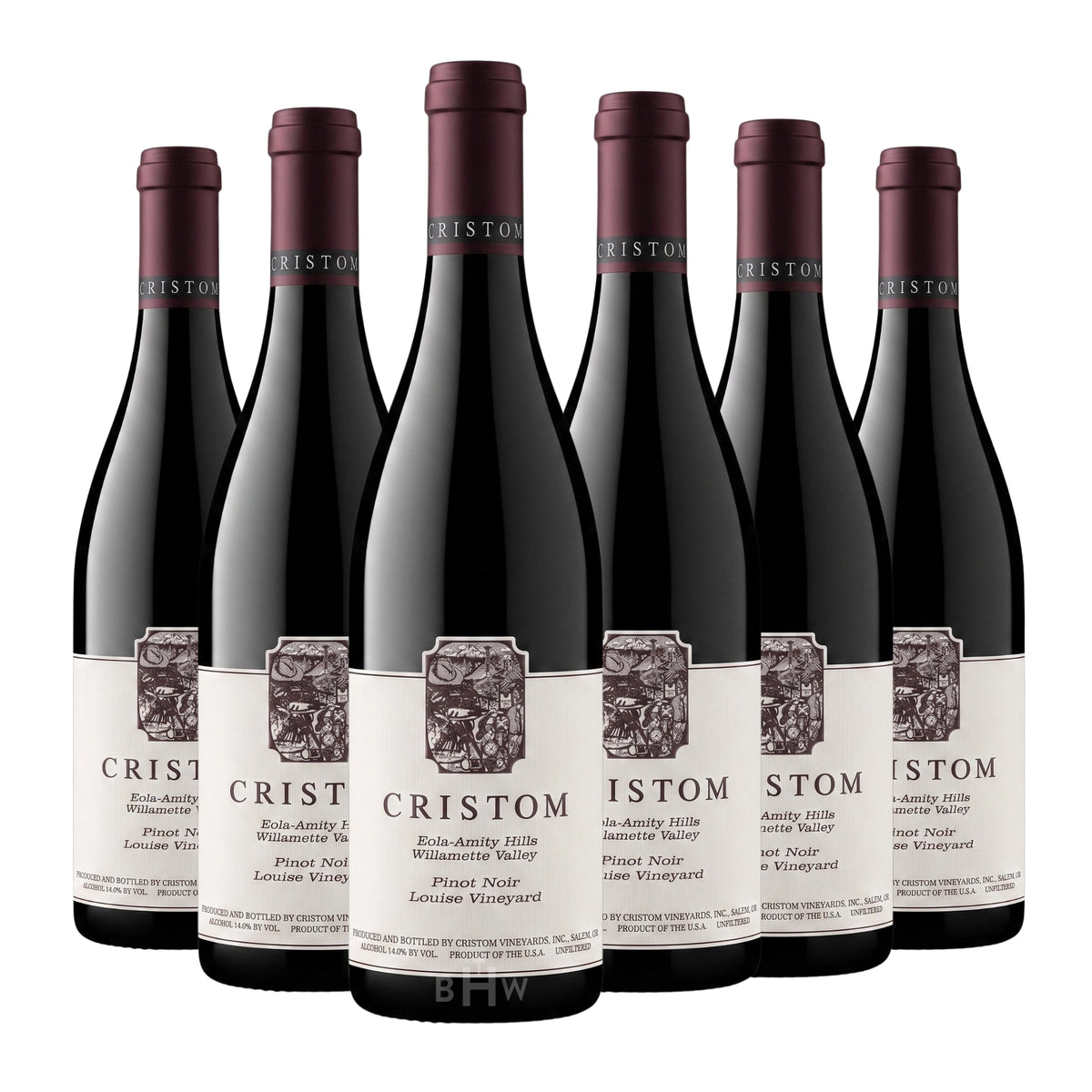 Six bottles of 2019 Cristom Louise Vineyard Eola-Amity Hills Pinot Noir red wine. Curated by Big Hammer Wines.