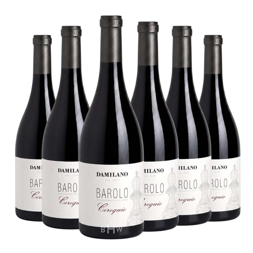Six bottles of 2019 Damilano Barolo Cerequio red wine, curated by Big Hammer Wines.