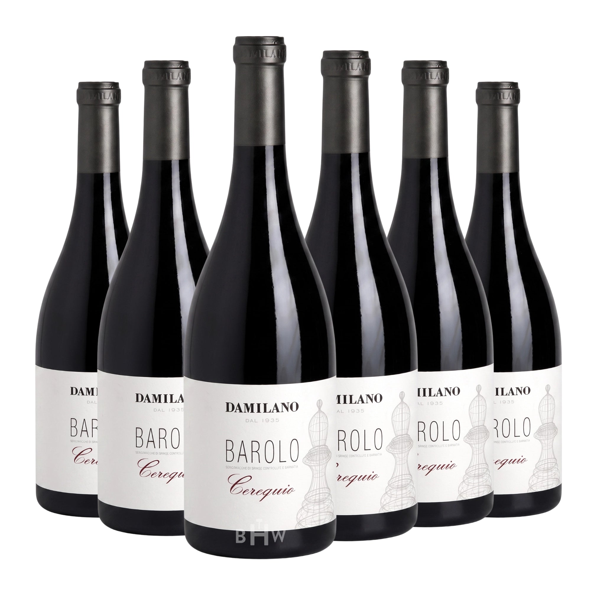 Six bottles of 2019 Damilano Barolo Cerequio red wine, curated by Big Hammer Wines.