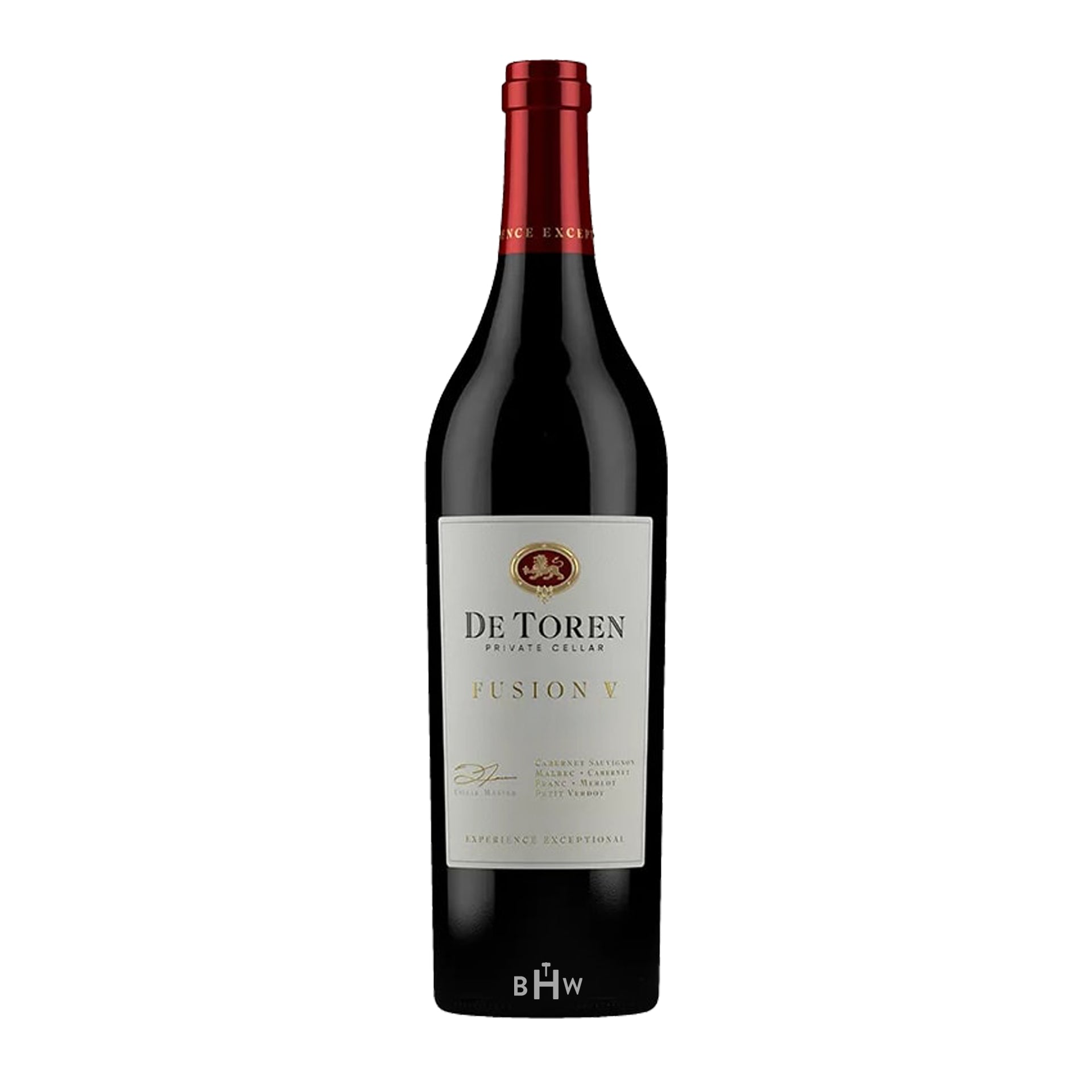 2019DeTorenFusionVStellenboschSouthAfrica wine bottle with a white background. 