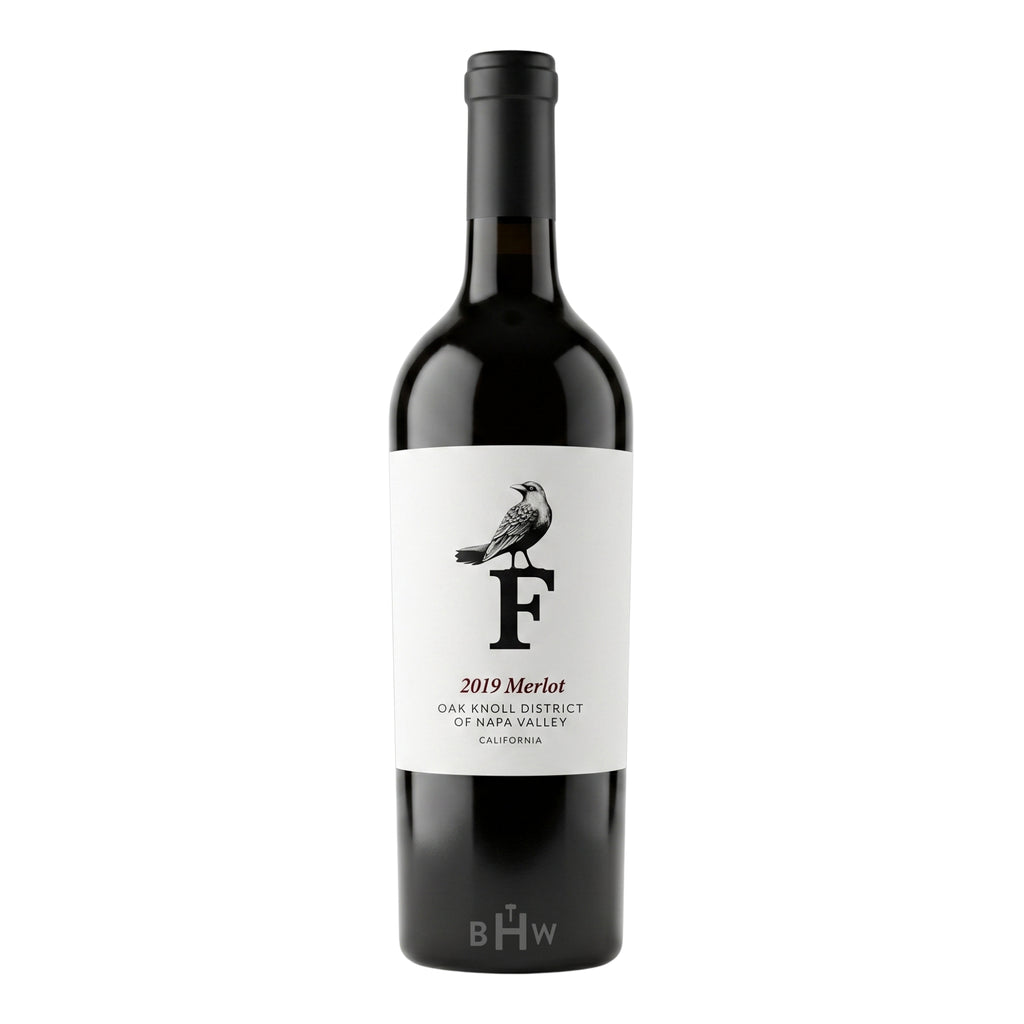 A bottle of 2019 Forthright Merlot from the Oak Knoll District of Napa Valley, California. The white label features a prominent black letter "F" with a detailed illustration of a bird perched on top.