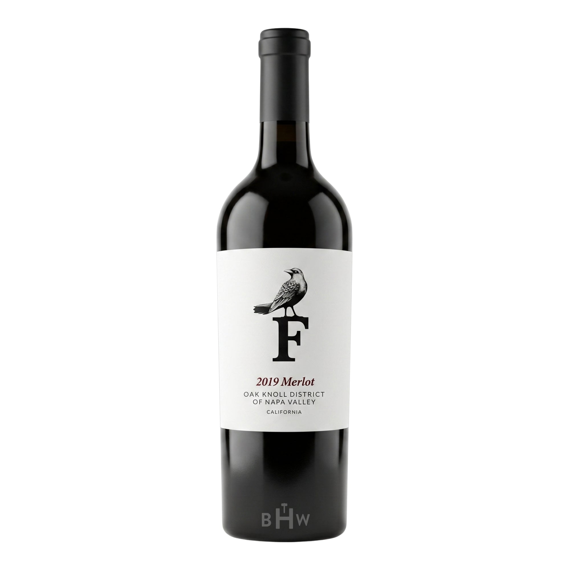 A bottle of 2019 Forthright Merlot from the Oak Knoll District of Napa Valley, California. The white label features a prominent black letter "F" with a detailed illustration of a bird perched on top.