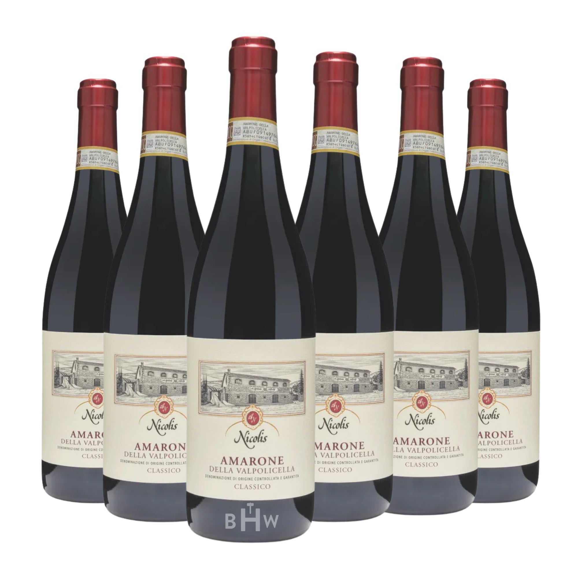 Six bottles of 2019 Nicolis Amarone della Valpolicella Classico arranged in a semi-circle. The bottles feature a cream-colored label with an illustration of an Italian stone villa, red foil capsules, and official DOCG neck seals. Curated by Big Hammer Wines.