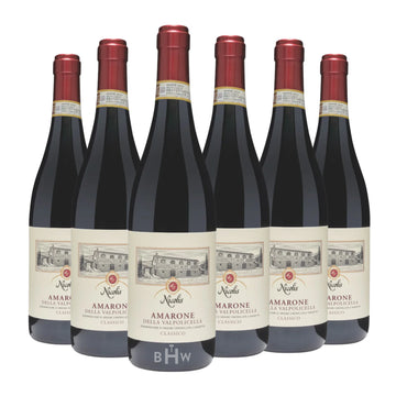 Six bottles of 2019 Nicolis Amarone della Valpolicella Classico arranged in a semi-circle. The bottles feature a cream-colored label with an illustration of an Italian stone villa, red foil capsules, and official DOCG neck seals. Curated by Big Hammer Wines.