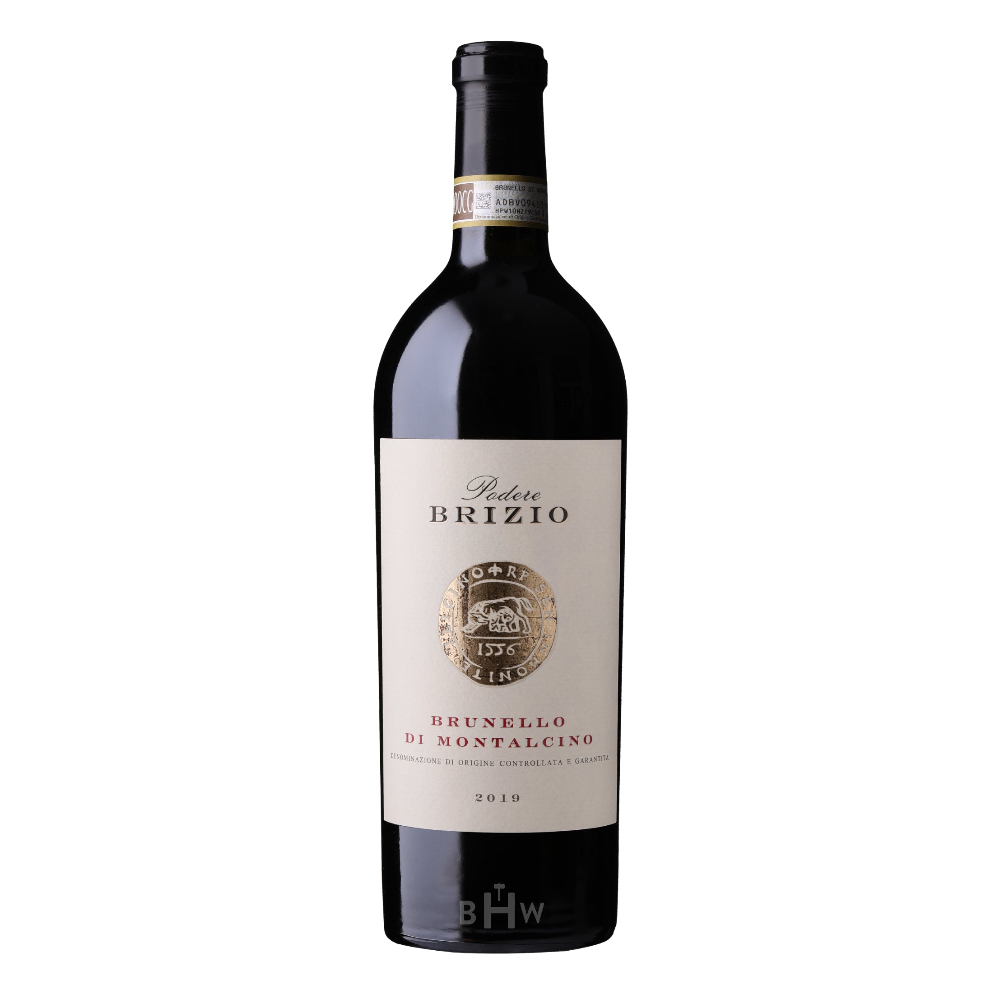 A bottle of 2019 Podere Brizio Brunello di Montalcino Italian red wine. The bottle features a black foil capsule with a gold DOCG authentication seal around the neck. The cream-colored label prominently displays the "Podere BRIZIO" brand name above a large, gold circular emblem featuring a historical crest and the date 1556. The wine's name, "BRUNELLO DI MONTALCINO," is printed in red serif type, with the 2019 vintage at the bottom.