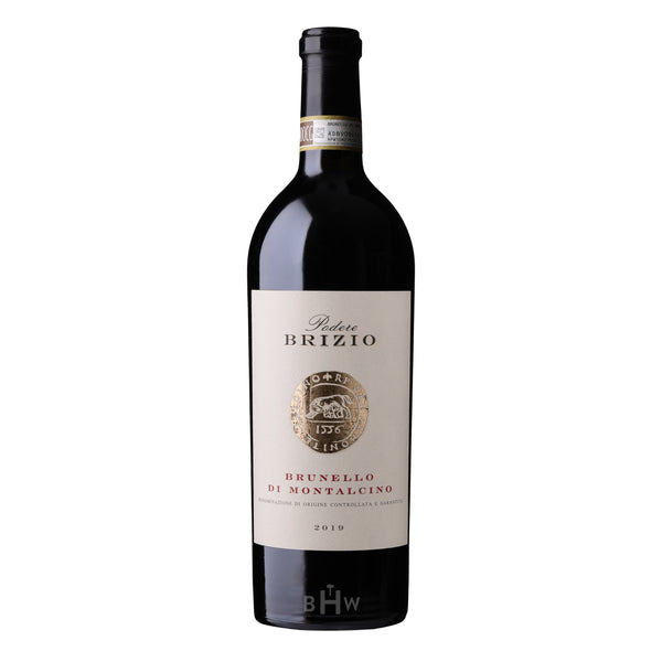 A bottle of 2019 Podere Brizio Brunello di Montalcino Italian red wine. The bottle features a black foil capsule with a gold DOCG authentication seal around the neck. The cream-colored label prominently displays the "Podere BRIZIO" brand name above a large, gold circular emblem featuring a historical crest and the date 1556. The wine's name, "BRUNELLO DI MONTALCINO," is printed in red serif type, with the 2019 vintage at the bottom.