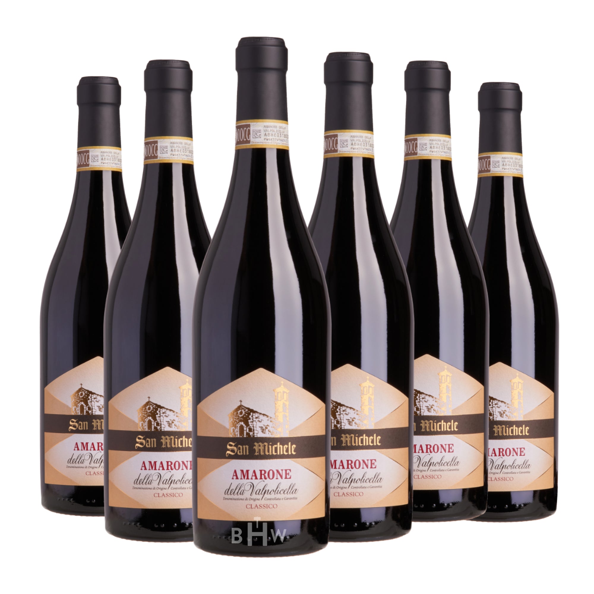 Six bottles of 2019 San Michele Amarone della Valpolicella Classico DOCG from Veneto, Italy, presented in a tiered arrangement. The bottles feature a classic wide-base shape with cream and gold labels displaying an illustration of a historic Italian church and tower. The wine’s name is printed in bold red and black script, and each bottle is finished with a black capsule and a gold DOCG neck seal. Curated by Big Hammer Wines.
