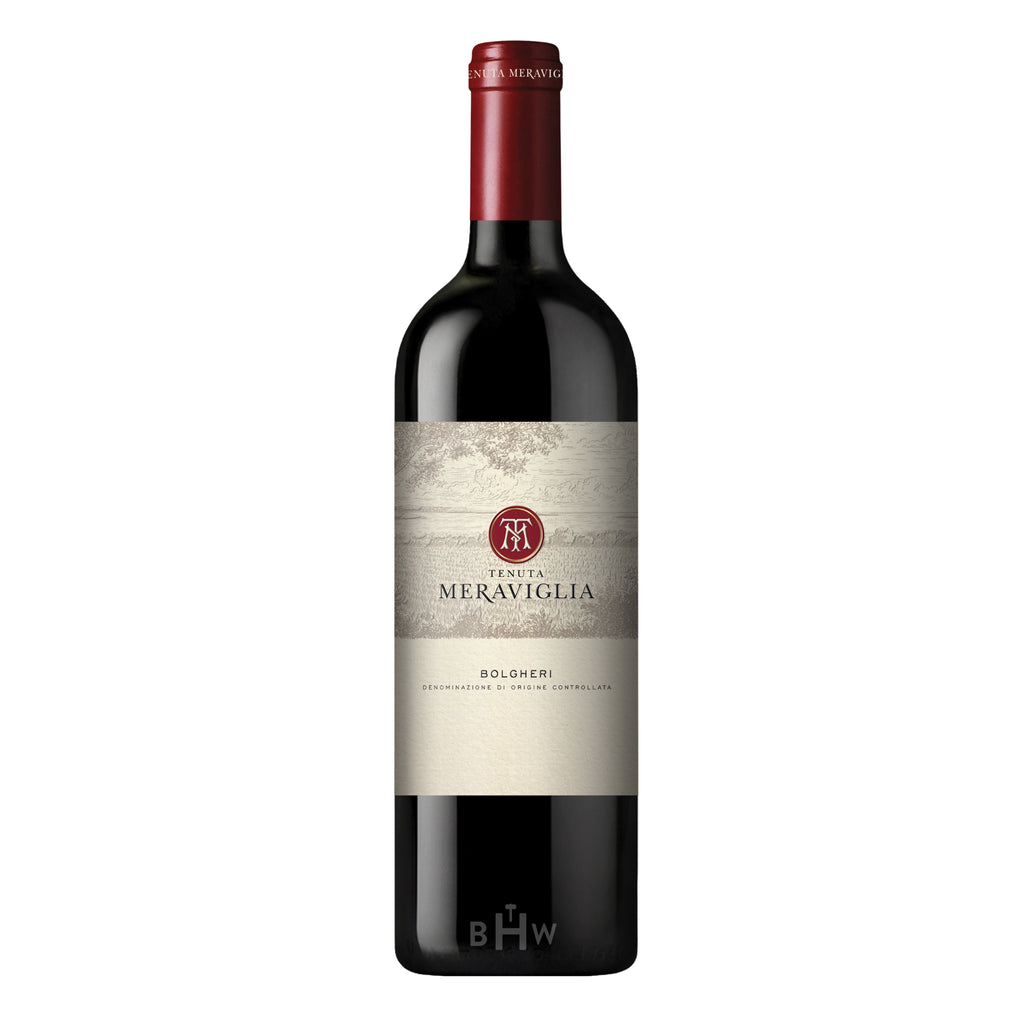 A bottle of 2019 Tenuta Meraviglia Rosso Bolgheri Italian red wine against a white background. The bottle features a dark red foil capsule and a two-toned label. The top half of the label features a sepia-toned landscape illustration with a circular red "TM" monogram logo and the "Tenuta Meraviglia" brand name. The bottom half is a clean cream-colored parchment displaying the "BOLGHERI" DOC designation.
