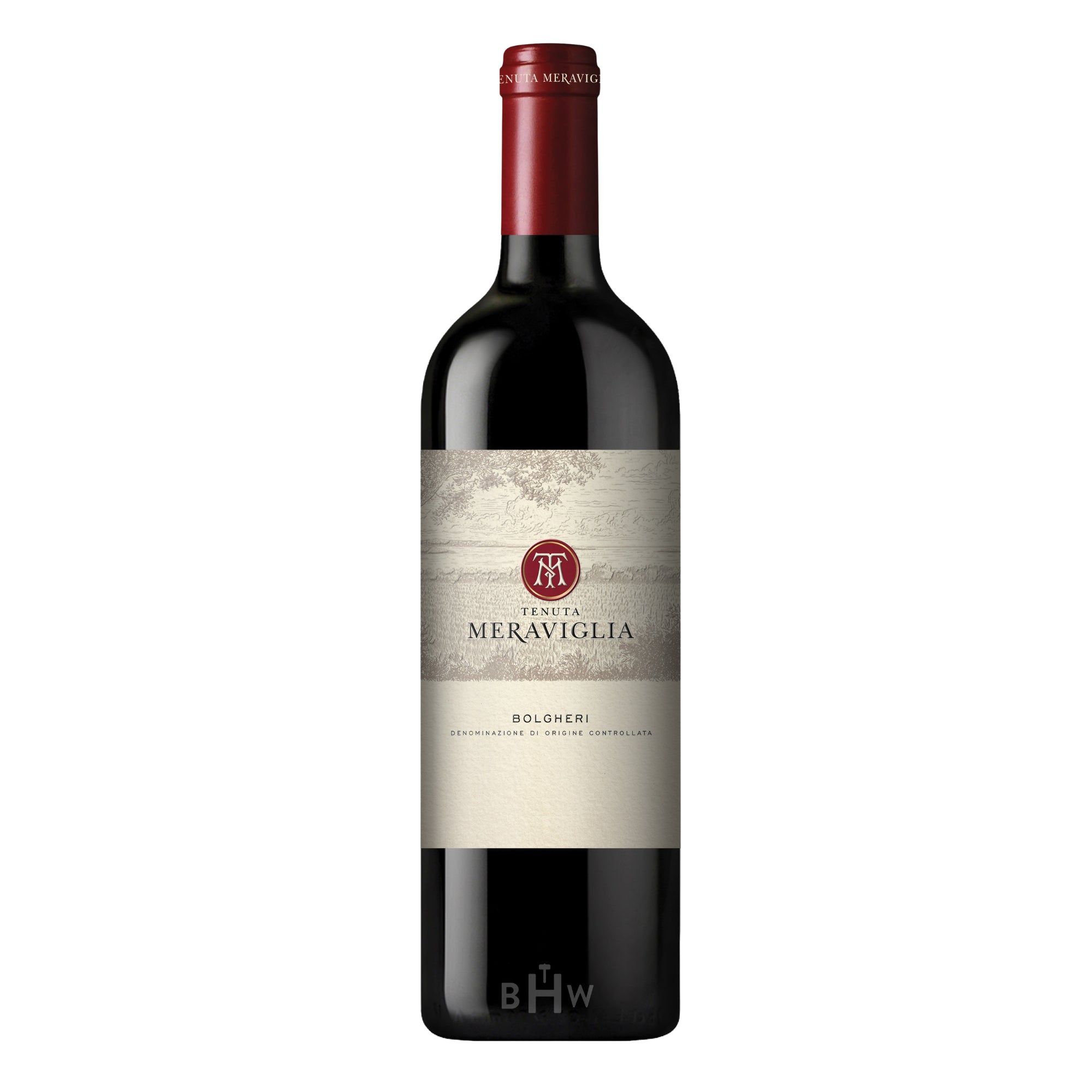 A bottle of 2019 Tenuta Meraviglia Rosso Bolgheri Italian red wine against a white background. The bottle features a dark red foil capsule and a two-toned label. The top half of the label features a sepia-toned landscape illustration with a circular red "TM" monogram logo and the "Tenuta Meraviglia" brand name. The bottom half is a clean cream-colored parchment displaying the "BOLGHERI" DOC designation.