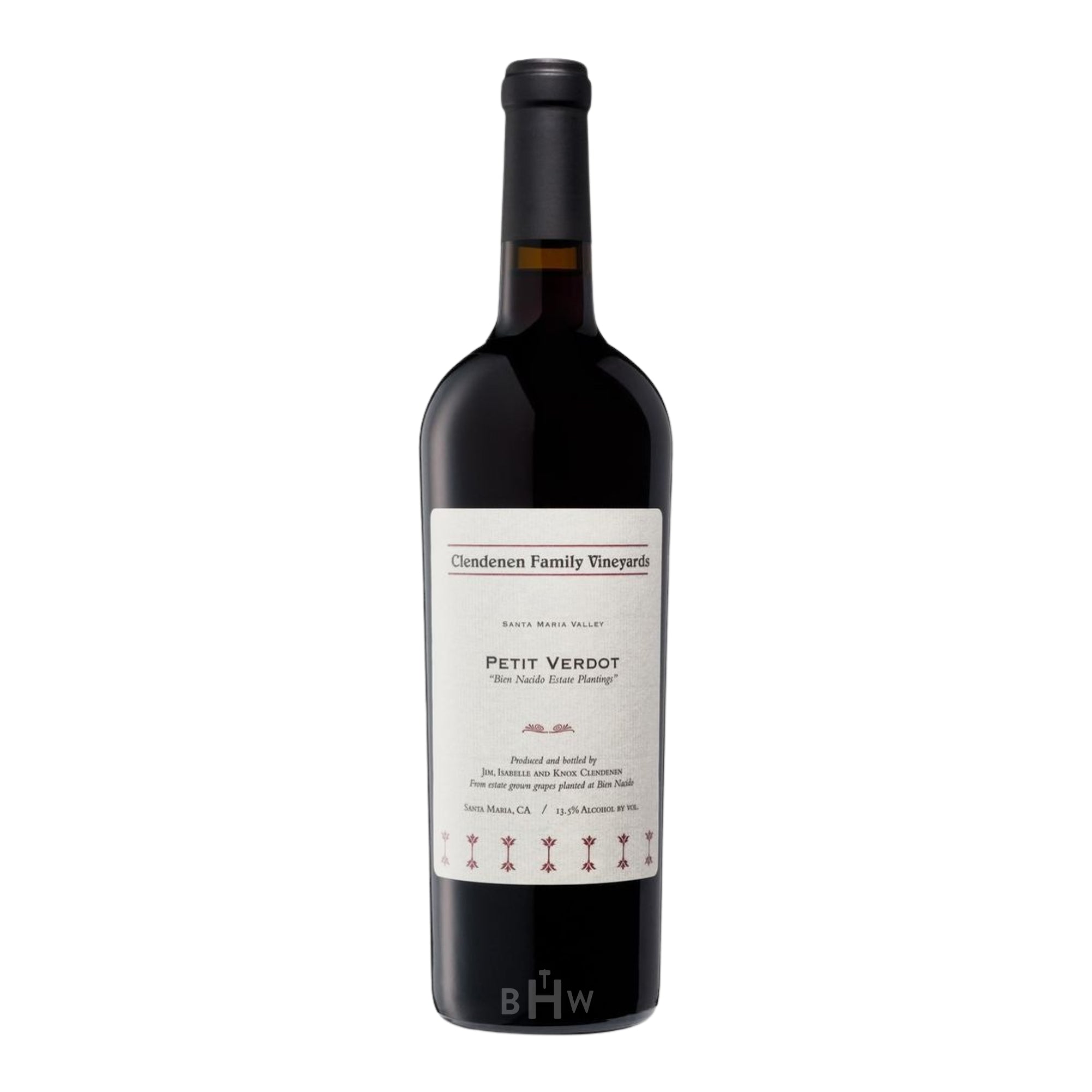 A bottle of 2020 Clendenen Family Vineyards Petit Verdot from the "Bien Nacido Estate Plantings" in Santa Maria Valley. The wine features a minimalist cream label with classic serif text and a decorative maroon geometric border at the base, topped with a sleek black capsule. Curated by Big Hammer Wines.