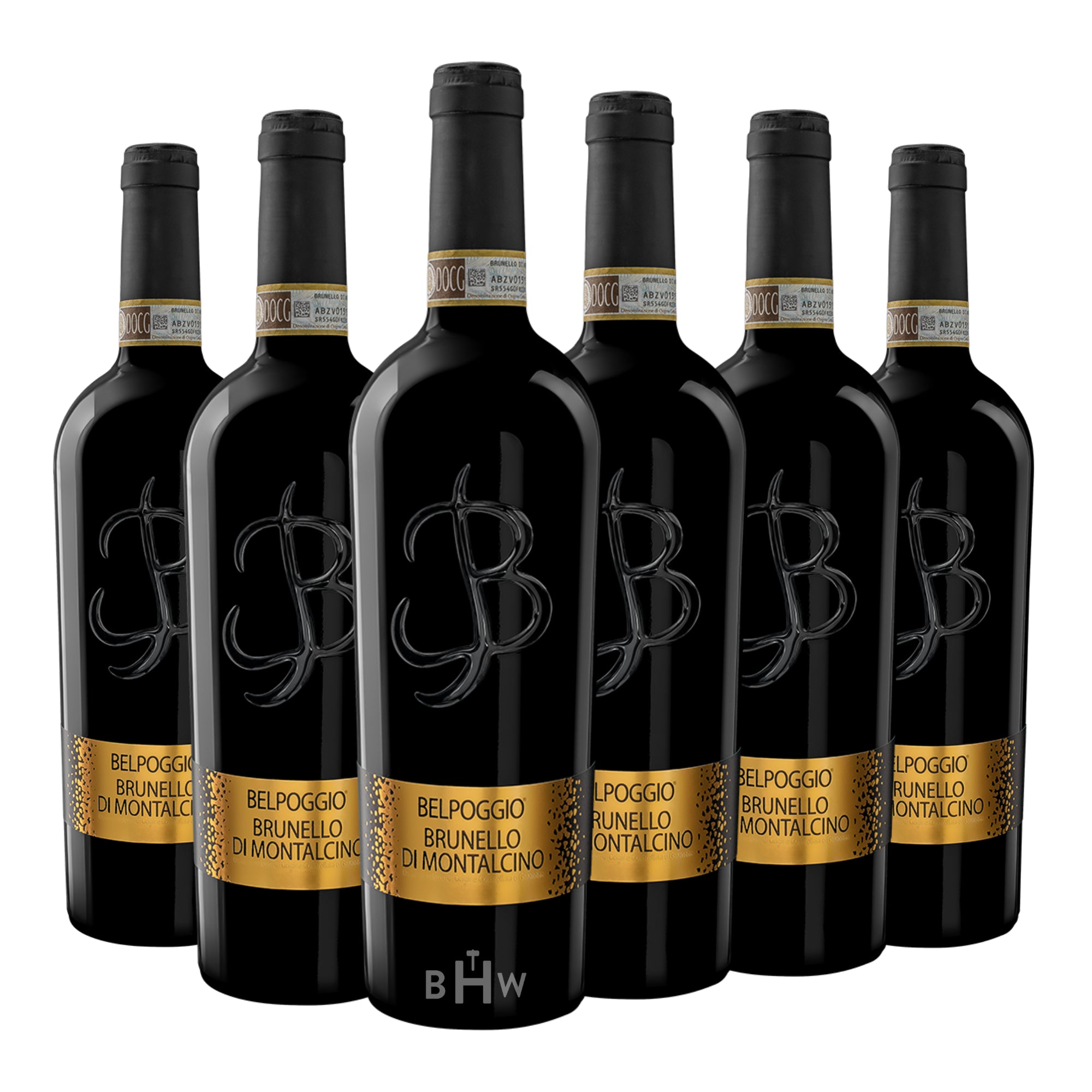 Six bottles of 2020 Belpoggio Brunello di Montalcino DOCG from Tuscany, Italy, arranged in a tiered group. The wine features sleek black bottles with a prominent, embossed stylized "B" logo on the glass. Each bottle has a striking gold label at the base with black text and a gold DOCG seal around the neck. Curated by Big Hammer Wines.