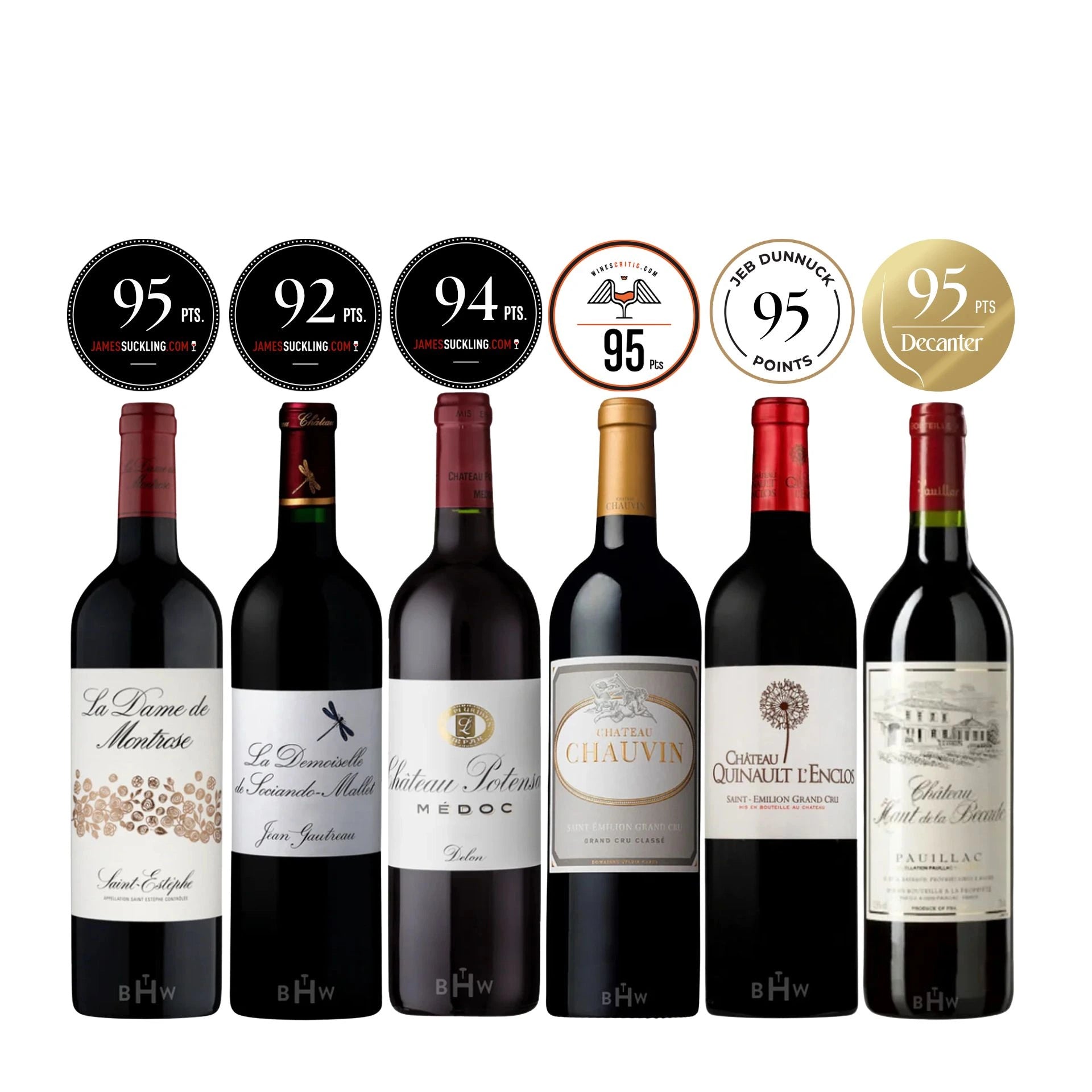 Six bottles of bordeaux wine with a white background