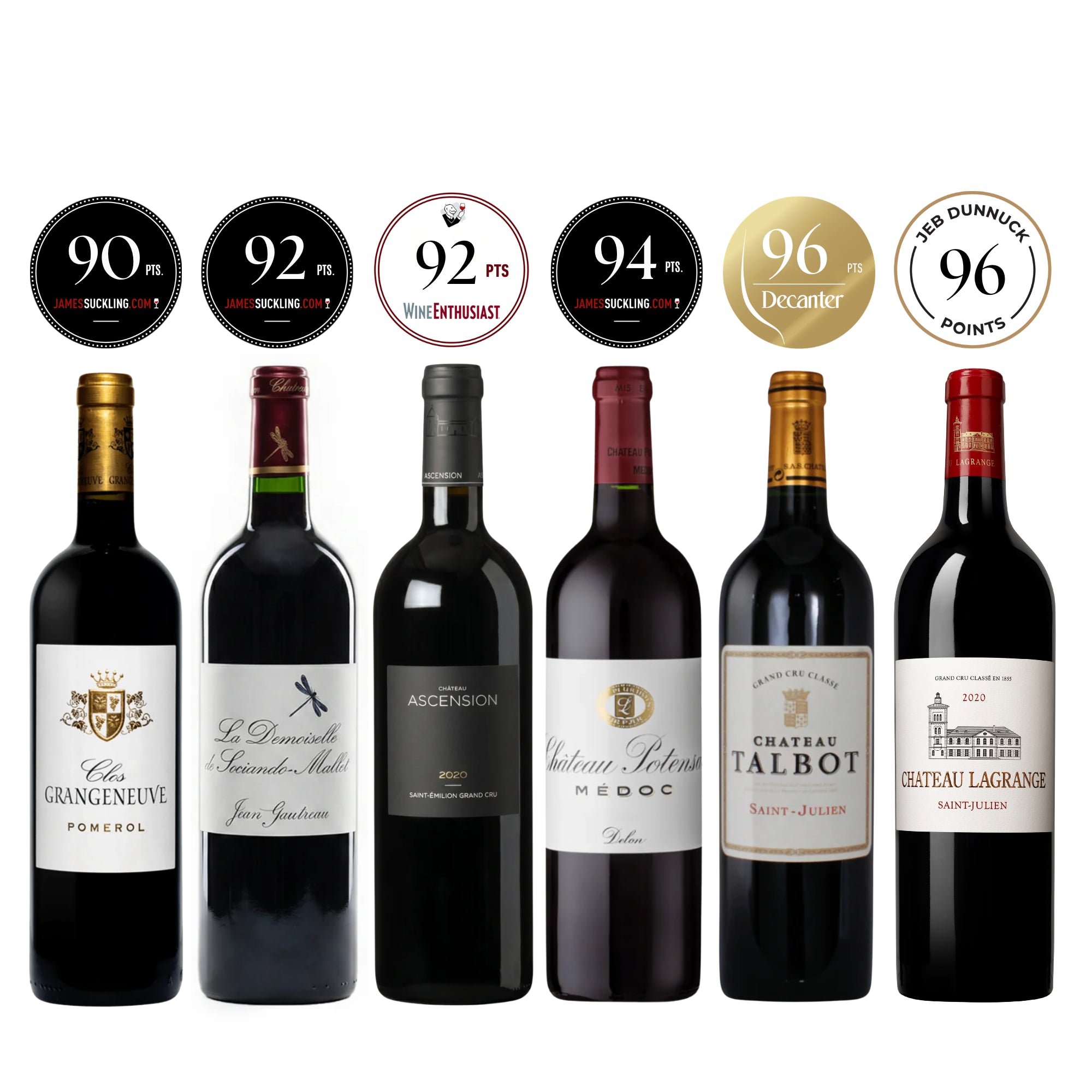A 6-pack collection of 2020 Bordeaux red wines arranged in a row, featuring high critical ratings ranging from 90 to 96 points. The selection includes Clos Grangeneuve Pomerol (90 pts), La Demoiselle de Sociando-Mallet (92 pts), Château Ascension Saint-Émilion Grand Cru (92 pts), Château Potensac Médoc (94 pts), Château Talbot Saint-Julien (96 pts), and Château Lagrange Saint-Julien (96 pts). Curated by Big Hammer Wines.