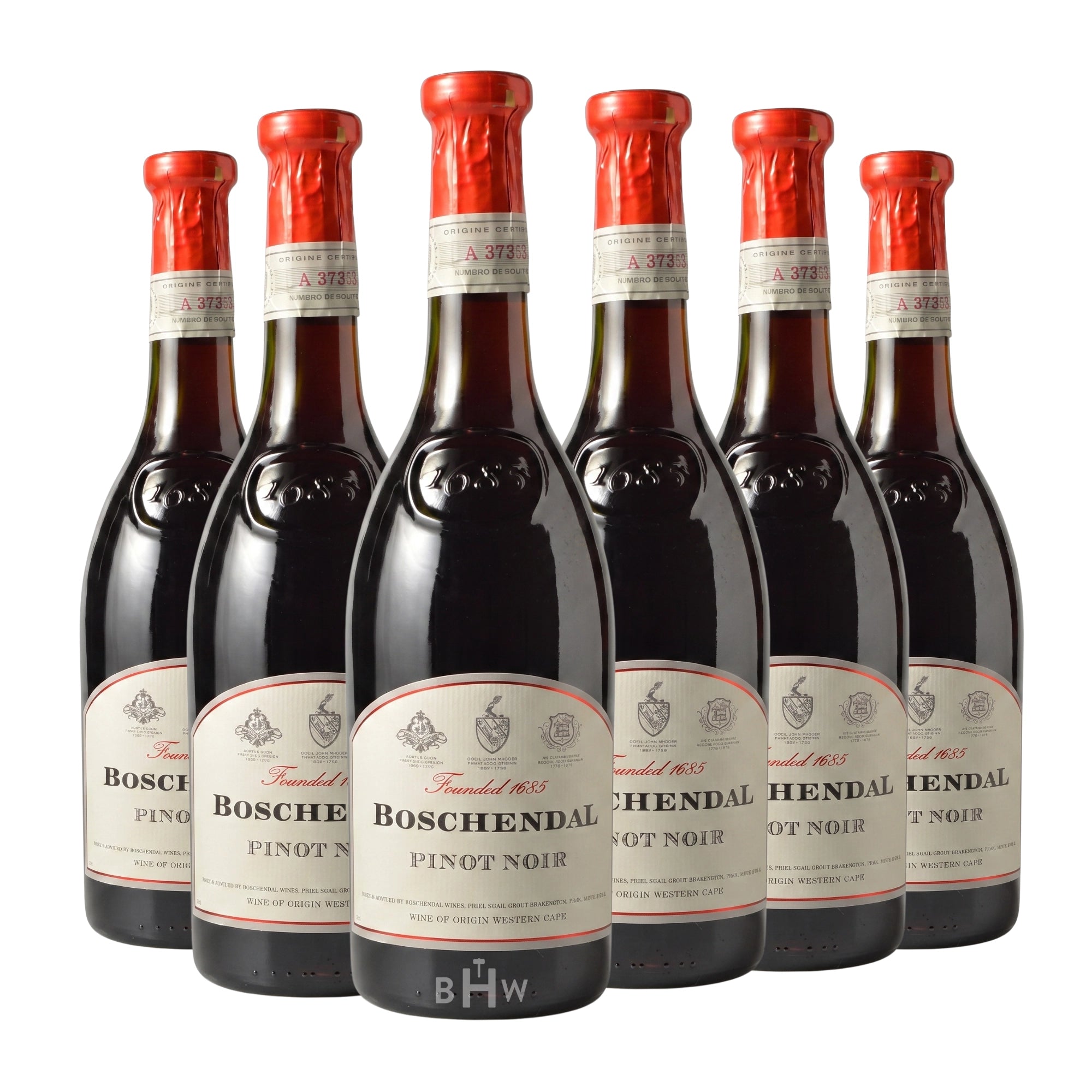 Six bottles of 2020 Boschendal The 1685 Collection Pinot Noir red wine, curated by Big Hammer Wines.