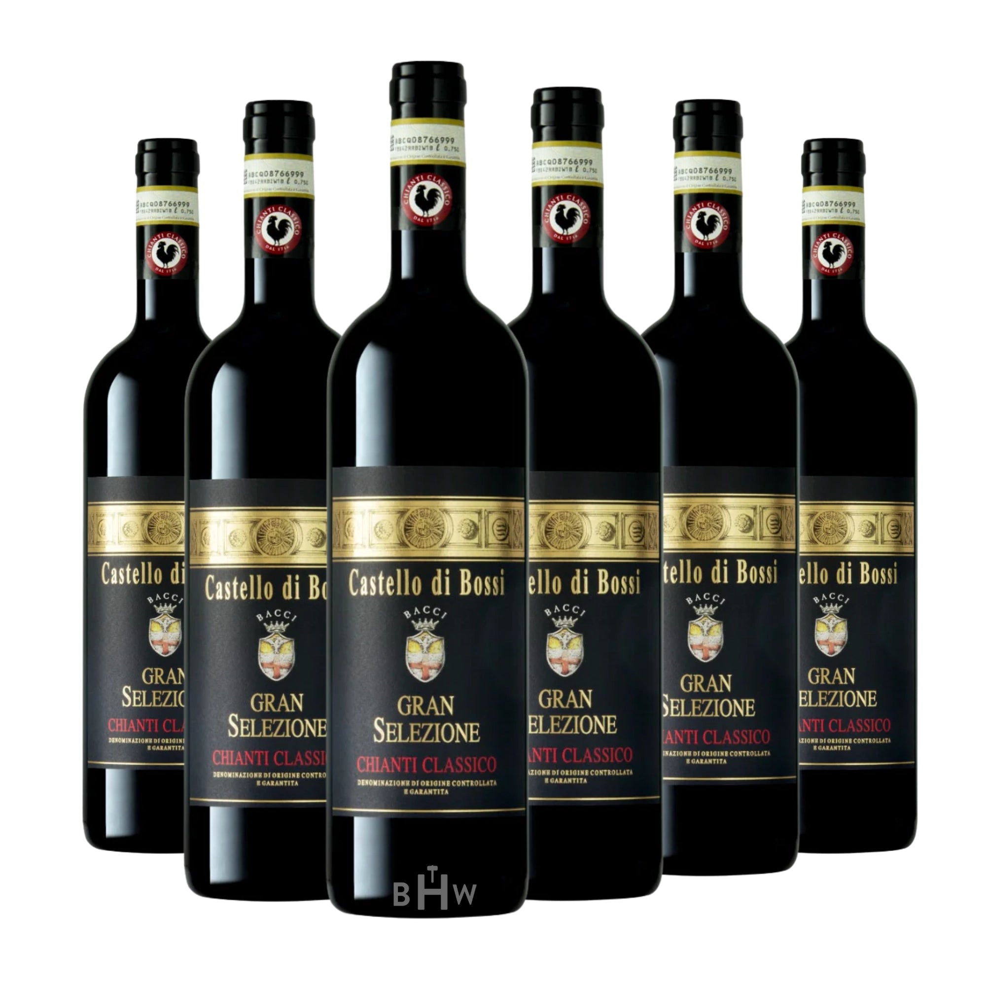 Six bottles of 2020 Castello di Bossi Chianti Classico Gran Selezione red wine, curated by Big Hammer Wines.