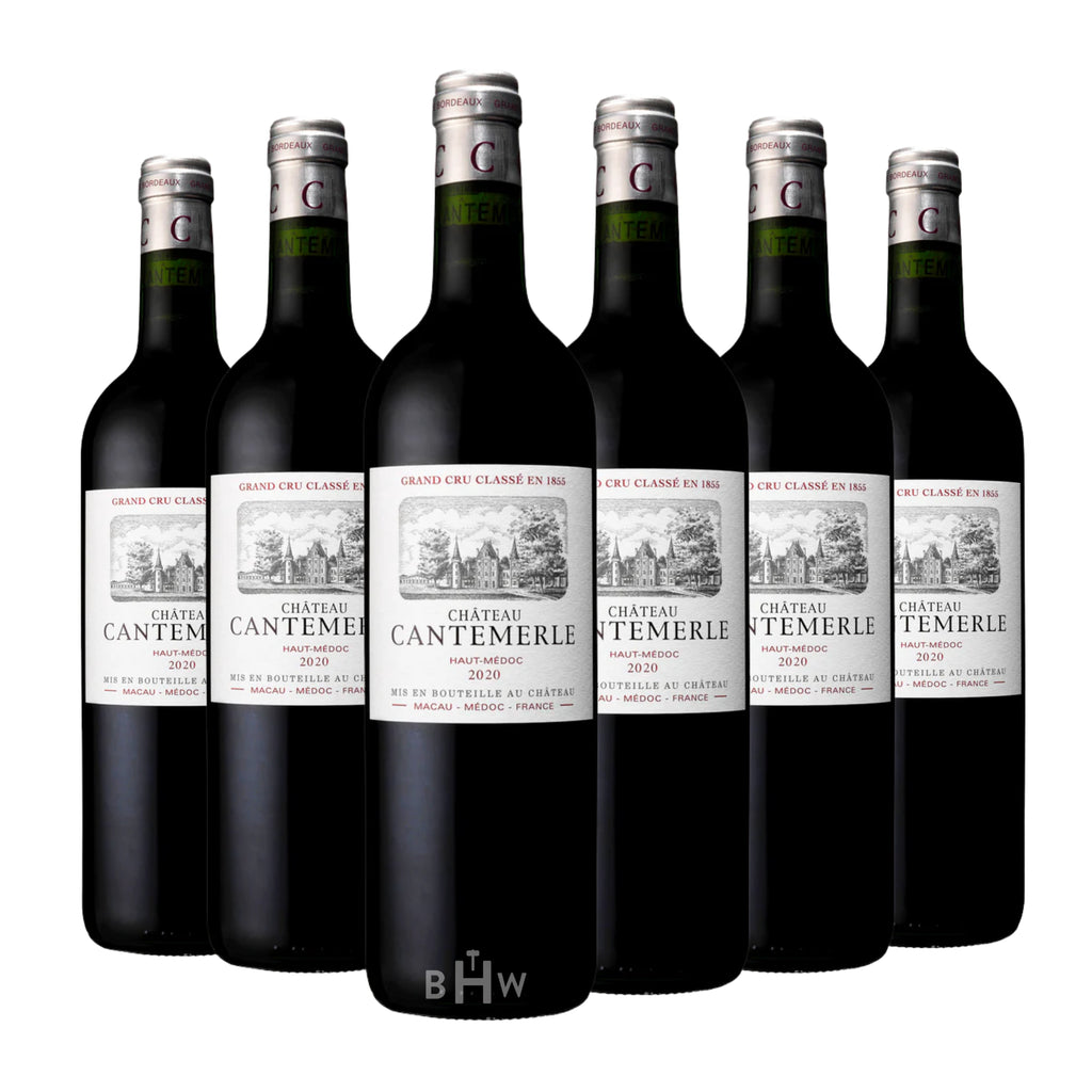 A 6-bottle collection of 2020 Chateau Cantemerle Haut-Médoc from Bordeaux, France. The classic Bordeaux-style bottles feature elegant white labels with a detailed black-and-white illustration of the historic château and "Grand Cru Classé en 1855" text in red. Each bottle is topped with a silver foil capsule featuring a maroon "C" logo and green "Cantemerle" branding. Curated by Big Hammer Wines.