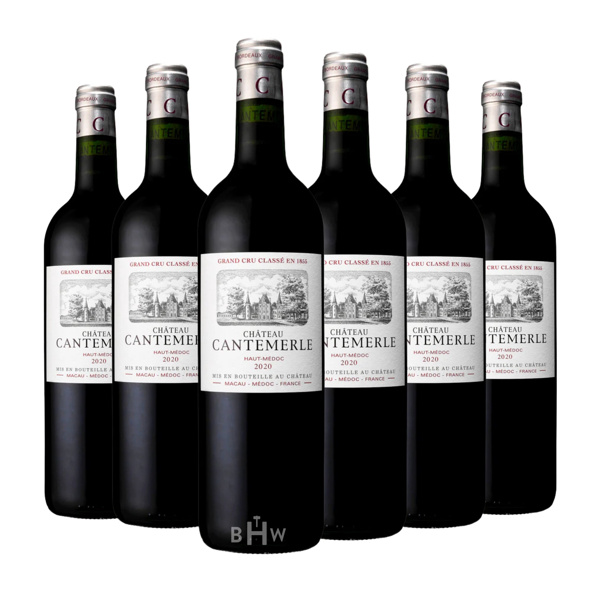 A 6-bottle collection of 2020 Chateau Cantemerle Haut-Médoc from Bordeaux, France. The classic Bordeaux-style bottles feature elegant white labels with a detailed black-and-white illustration of the historic château and "Grand Cru Classé en 1855" text in red. Each bottle is topped with a silver foil capsule featuring a maroon "C" logo and green "Cantemerle" branding. Curated by Big Hammer Wines.