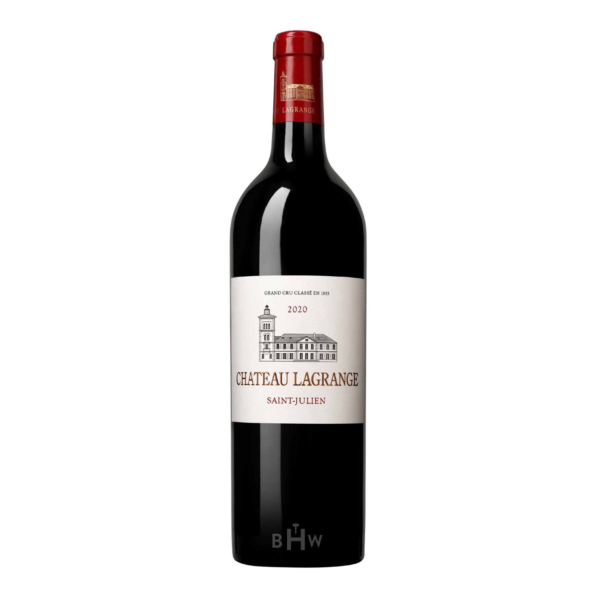A single bottle of 2020 Château Lagrange Saint-Julien red wine against a white background. The label features an illustration of the estate's chateau and specifies its classification as a Grand Cru Classé en 1855 from the Saint-Julien appellation in Bordeaux. The bottle has a deep red capsule with the estate crest.