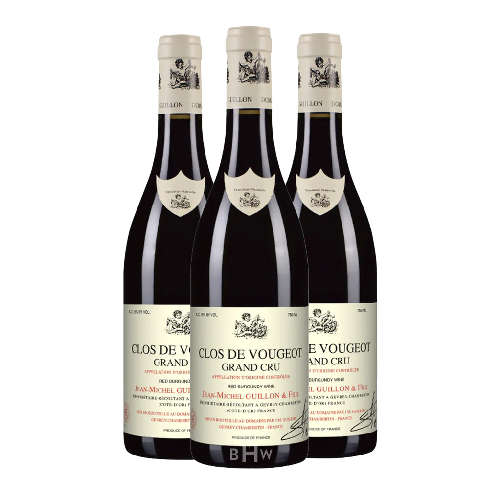 A three-pack collection of 2020 Domaine Jean-Michel Guillon & Fils Clos de Vougeot Grand Cru red Burgundy wine 750ml bottles, curated by Big Hammer Wines.