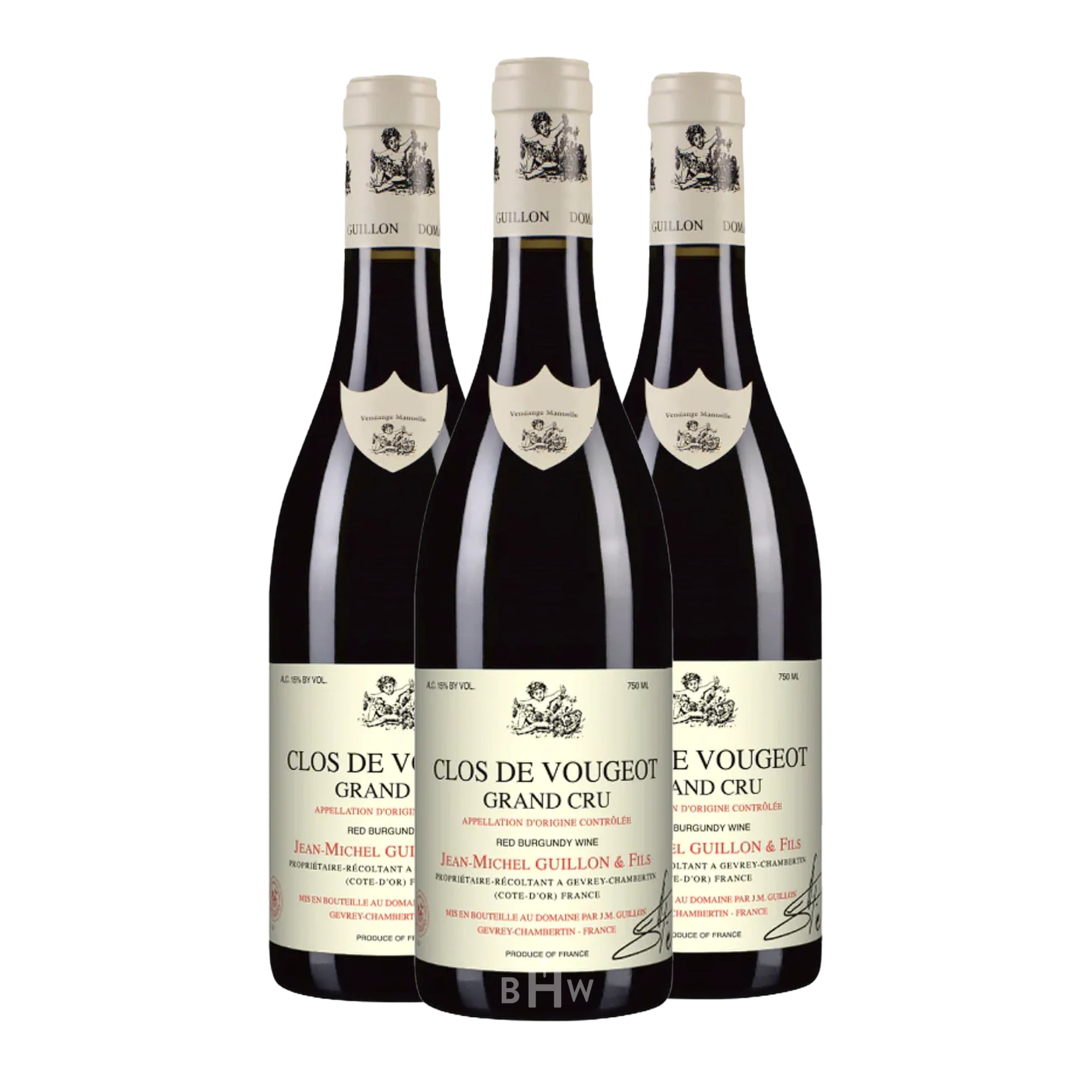 A three-pack collection of 2020 Domaine Jean-Michel Guillon & Fils Clos de Vougeot Grand Cru red Burgundy wine 750ml bottles, curated by Big Hammer Wines.