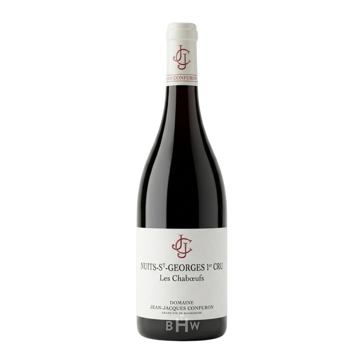 Bottle of 2020 Domaine Jean-Jacques Confuron Nuits-Saint-Georges 1er Cru Les Chaboeufs Pinot Noir featuring a white label with a red JJC monogram logo, curated by Big Hammer Wines.