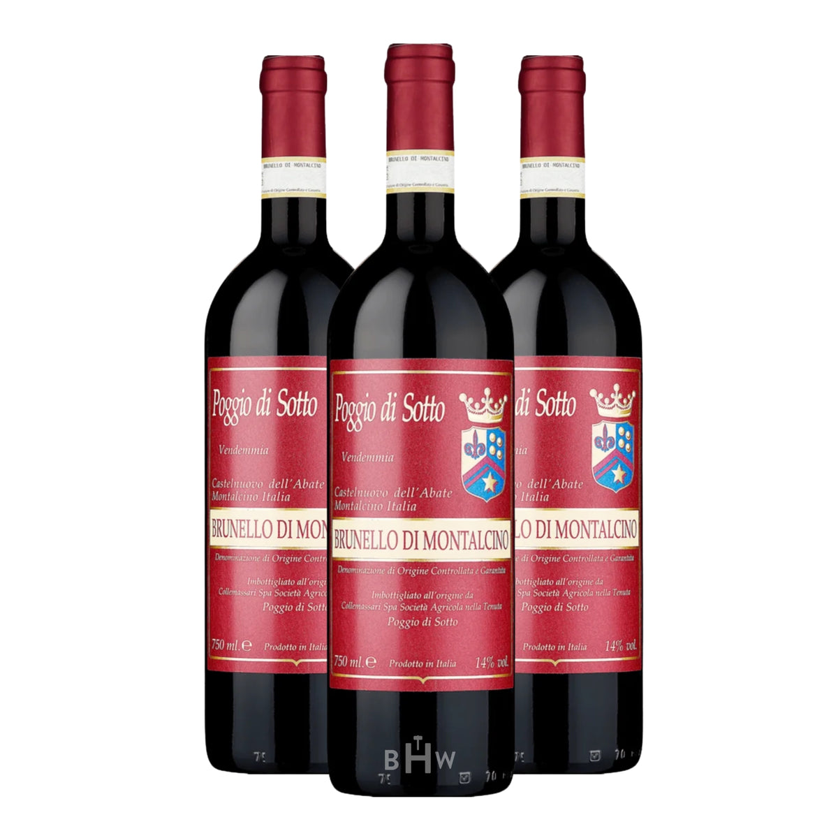 Three bottles of 2020 Poggio di Sotto Brunello di Montalcini red wine arranged in a group on a plain white background.
