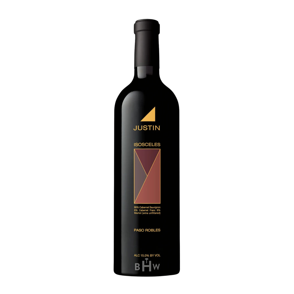 A bottle of Justin Isoscceles red wine by Paulo Robles, featuring a sleek black glass bottle with a black cap and a label decorated with gold and burgundy geometric patterns, set against a plain white background.