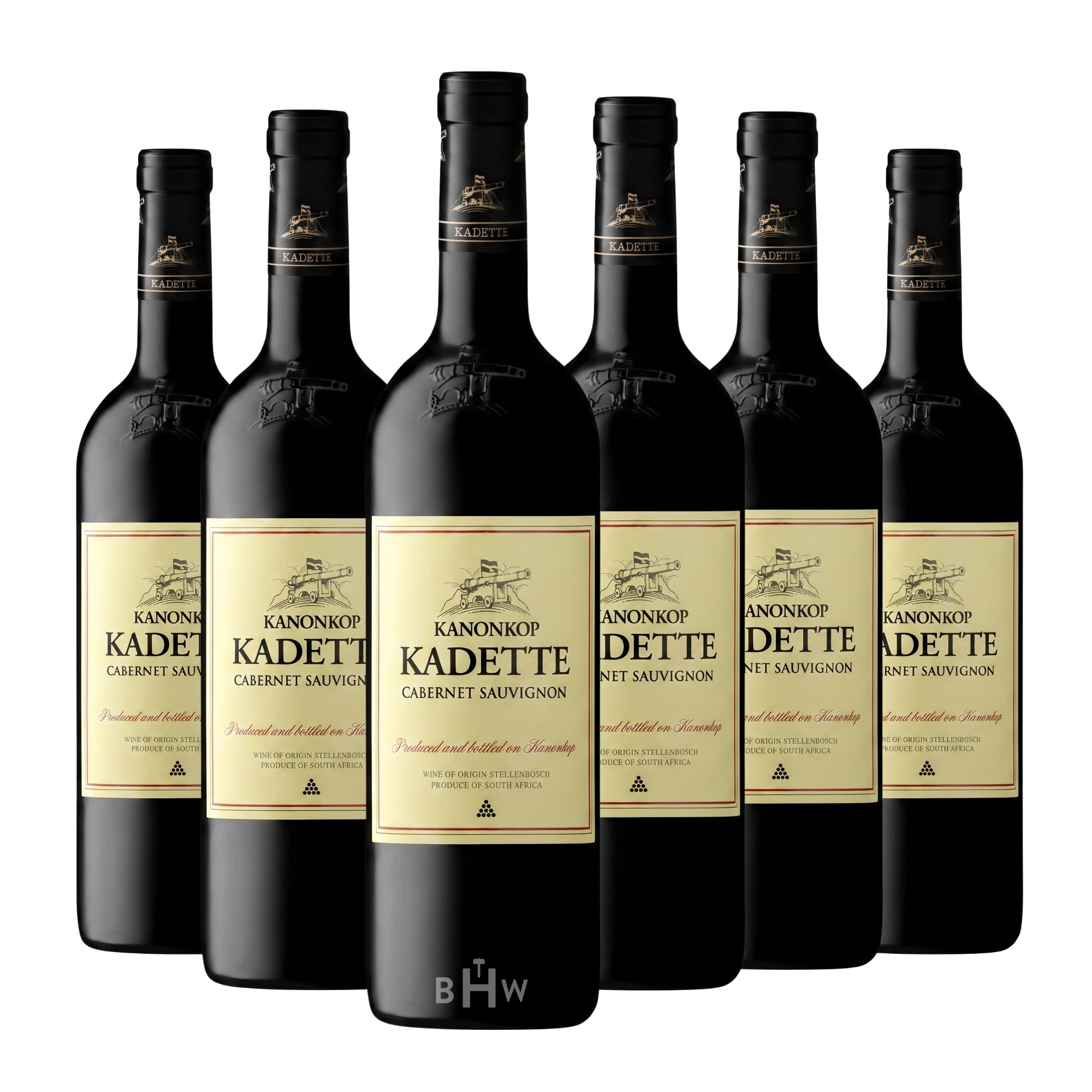 Six bottles of 2020 Kanonkop Kadette Cabernet Sauvignon red wine, curated by Big Hammer Wines.
