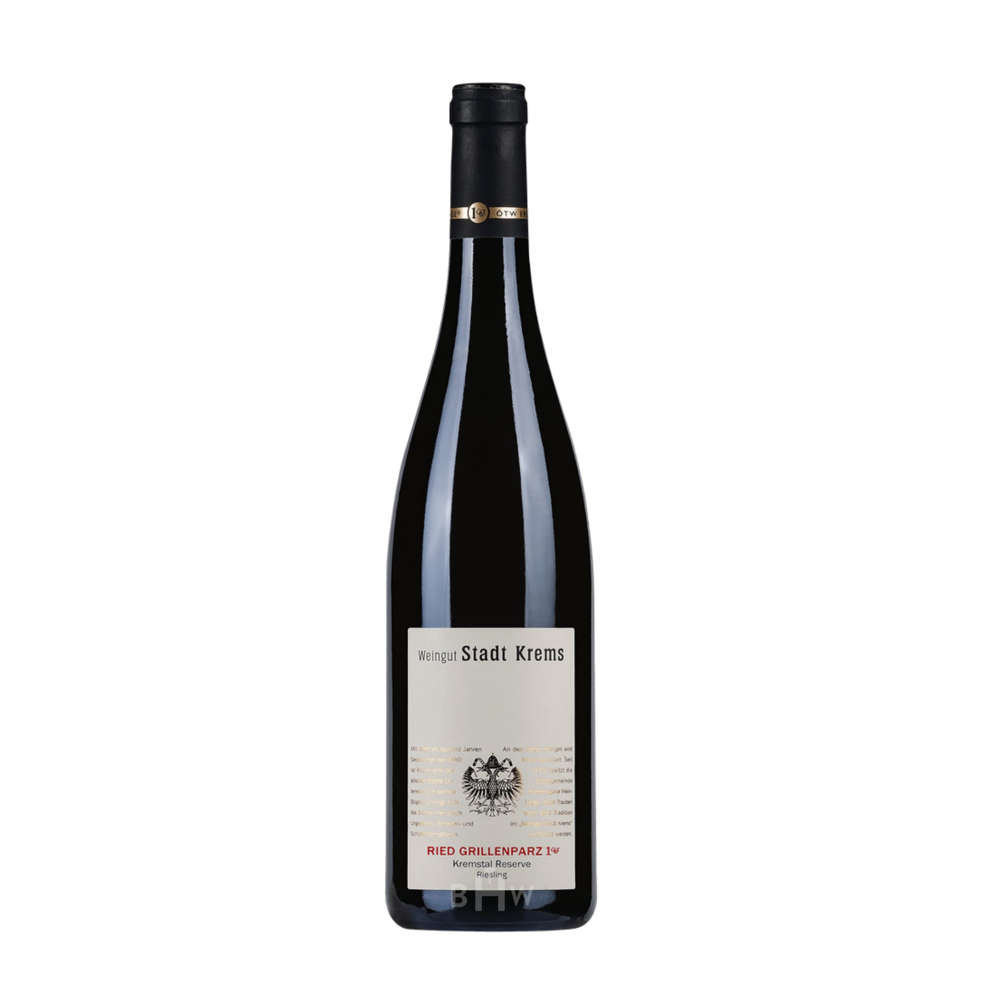 A bottle of 2020 Weingut Stadt Krems Grillenparz Riesling Erste ÖTW Lage Reserve from Kremstal, Austria, featuring a black capsule and a clean white label with a traditional crest and red lettering.