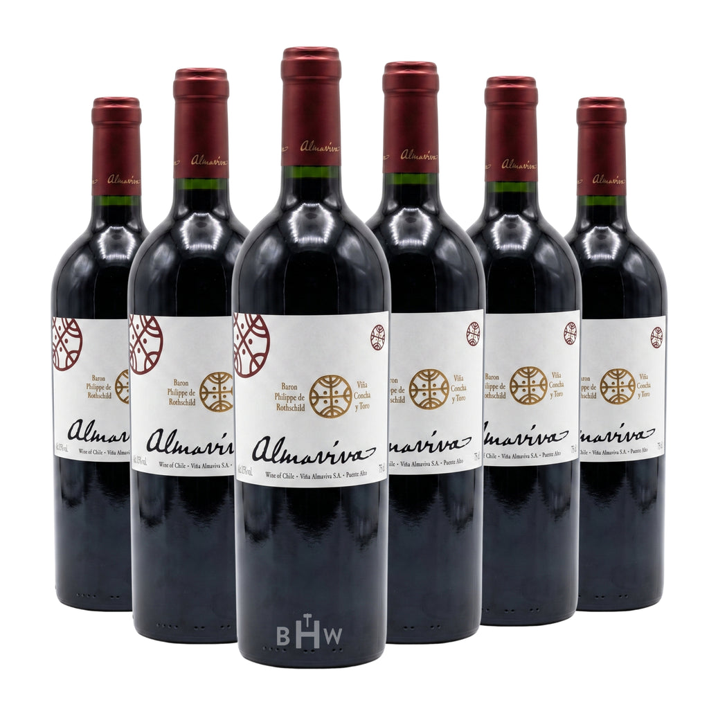 A six-pack of 2021 Almaviva Puente Alto Red Blend 750ml wine bottles from Chile, curated by Big Hammer Wines.