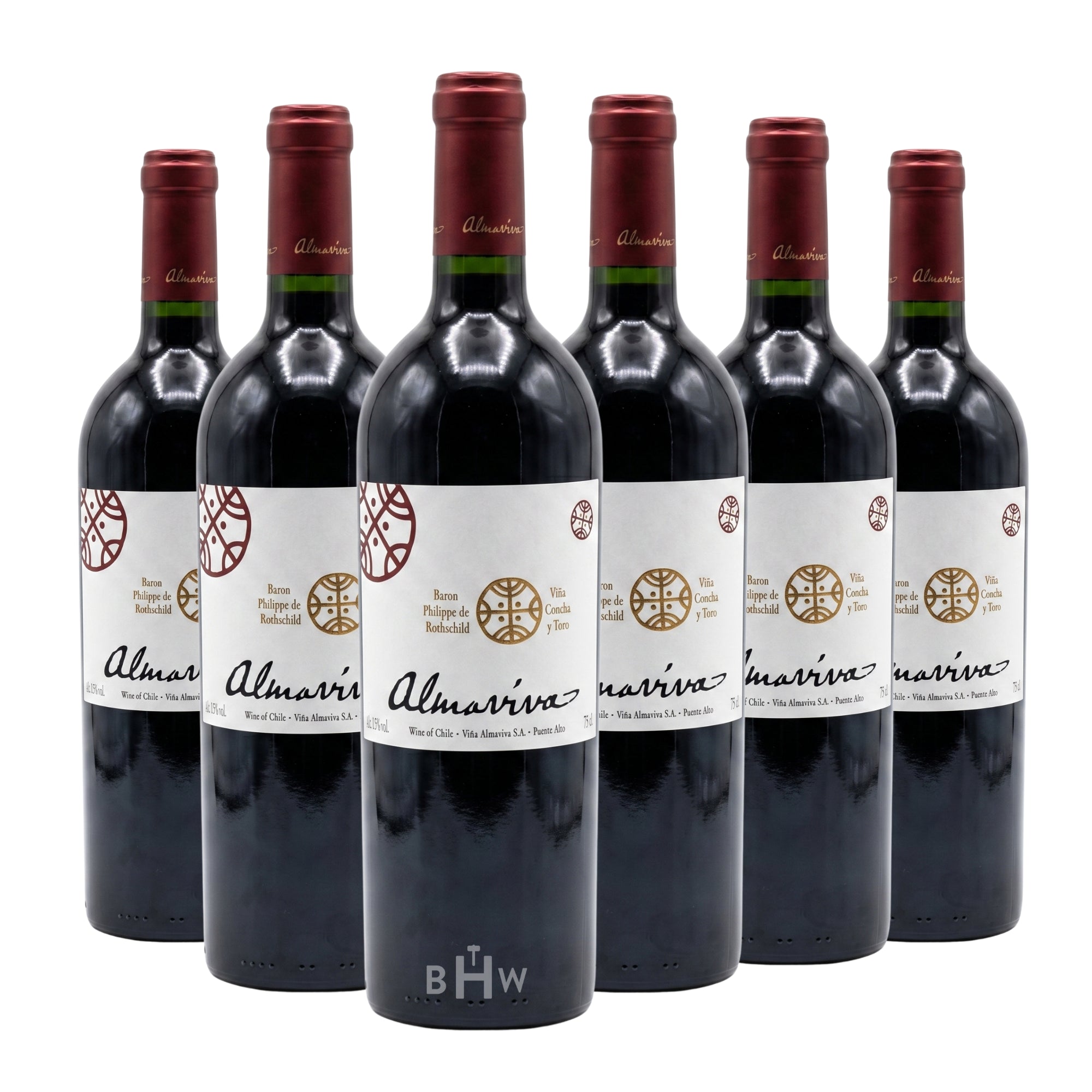 A six-pack of 2021 Almaviva Puente Alto Red Blend 750ml wine bottles from Chile, curated by Big Hammer Wines.