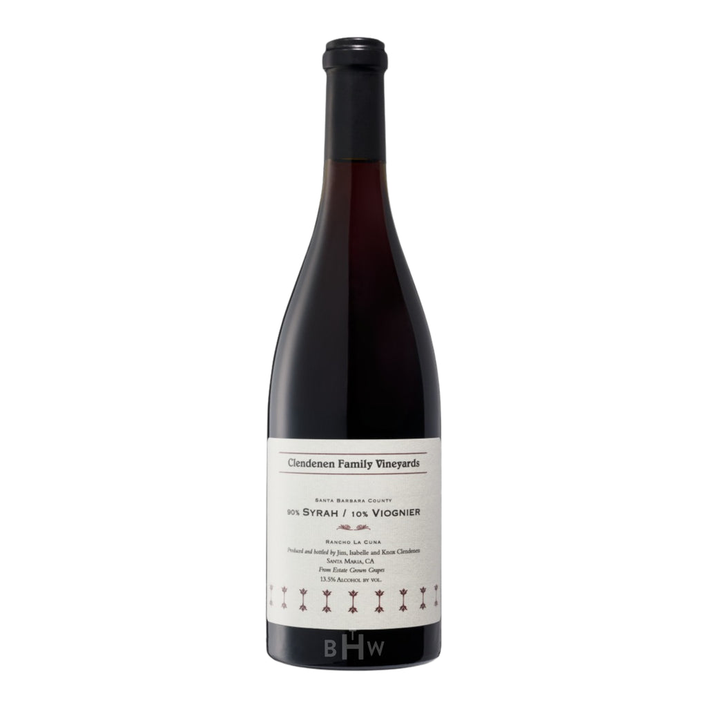 A bottle of 2021 Clendenen Family Vineyards Syrah/Viognier (90% Syrah, 10% Viognier) from Rancho La Cuna, Santa Barbara County. The bottle features a clean, cream-colored label with elegant typography and a decorative patterned border at the bottom, finished with a black capsule. Curated by Big Hammer Wines.