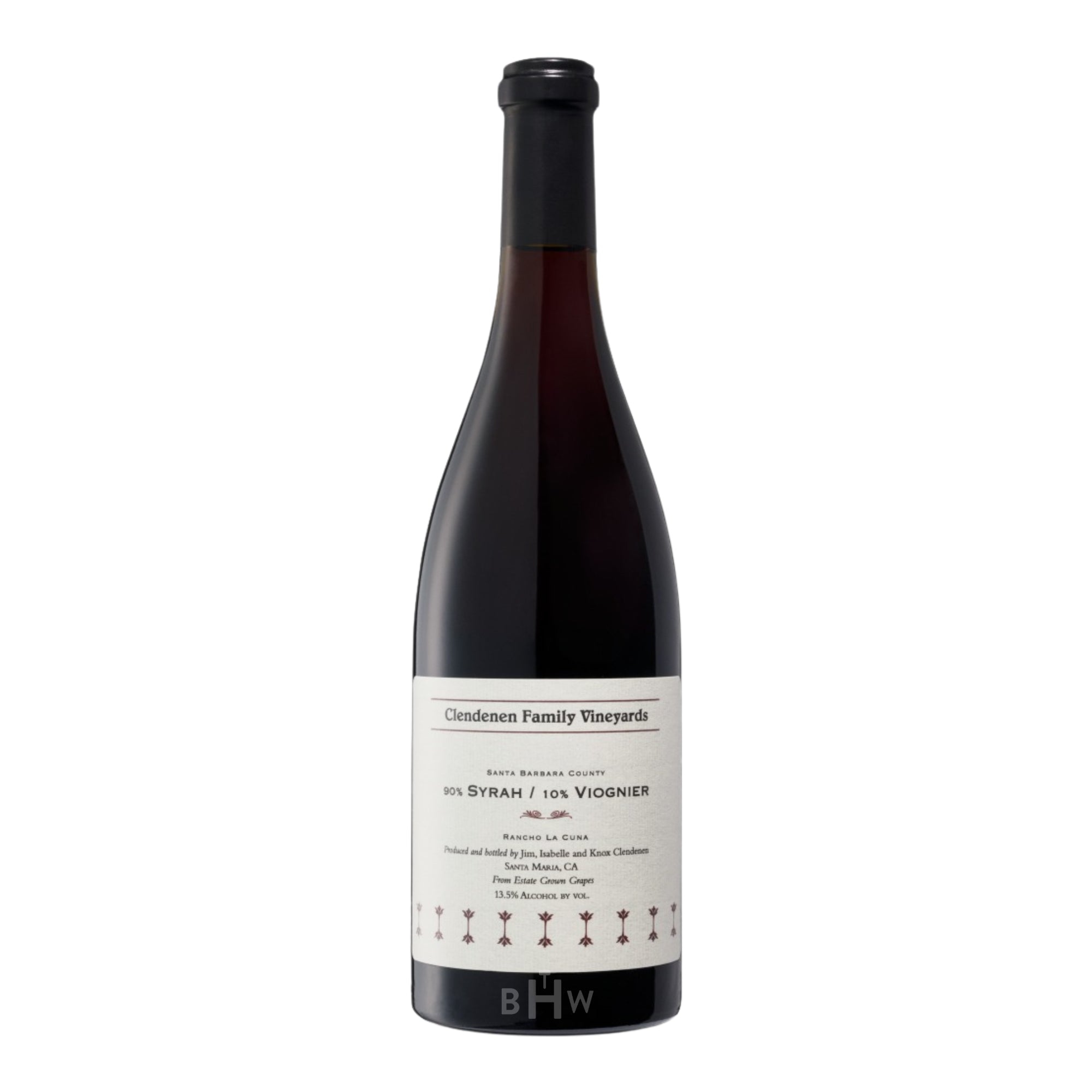 A bottle of 2021 Clendenen Family Vineyards Syrah/Viognier (90% Syrah, 10% Viognier) from Rancho La Cuna, Santa Barbara County. The bottle features a clean, cream-colored label with elegant typography and a decorative patterned border at the bottom, finished with a black capsule. Curated by Big Hammer Wines.