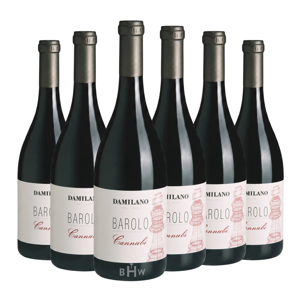 Six bottles of 2021 Damilano Barolo Cannubi red wine, curated by Big Hammer Wines.