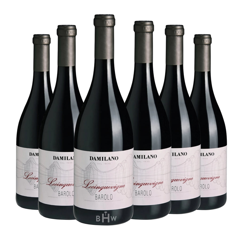 Six bottles of 2021 Damilano Barolo Lecinquevigne red wine, curated by Big Hammer Wines.