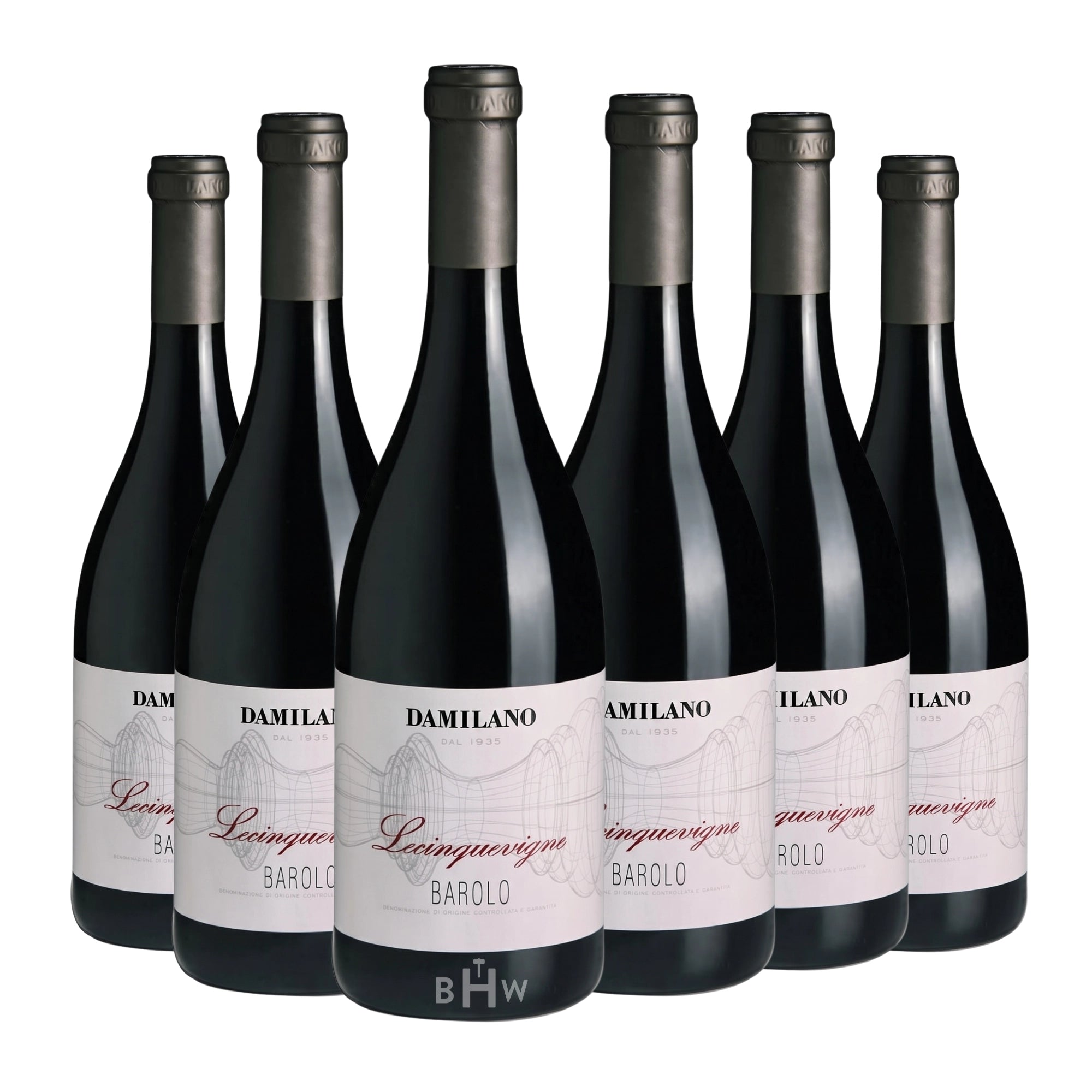 Six bottles of 2021 Damilano Barolo Lecinquevigne red wine, curated by Big Hammer Wines.