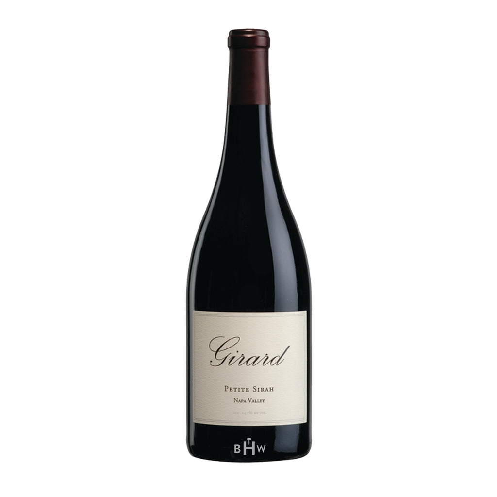 2021 Girard Petite Sirah wine bottle with a white background. 