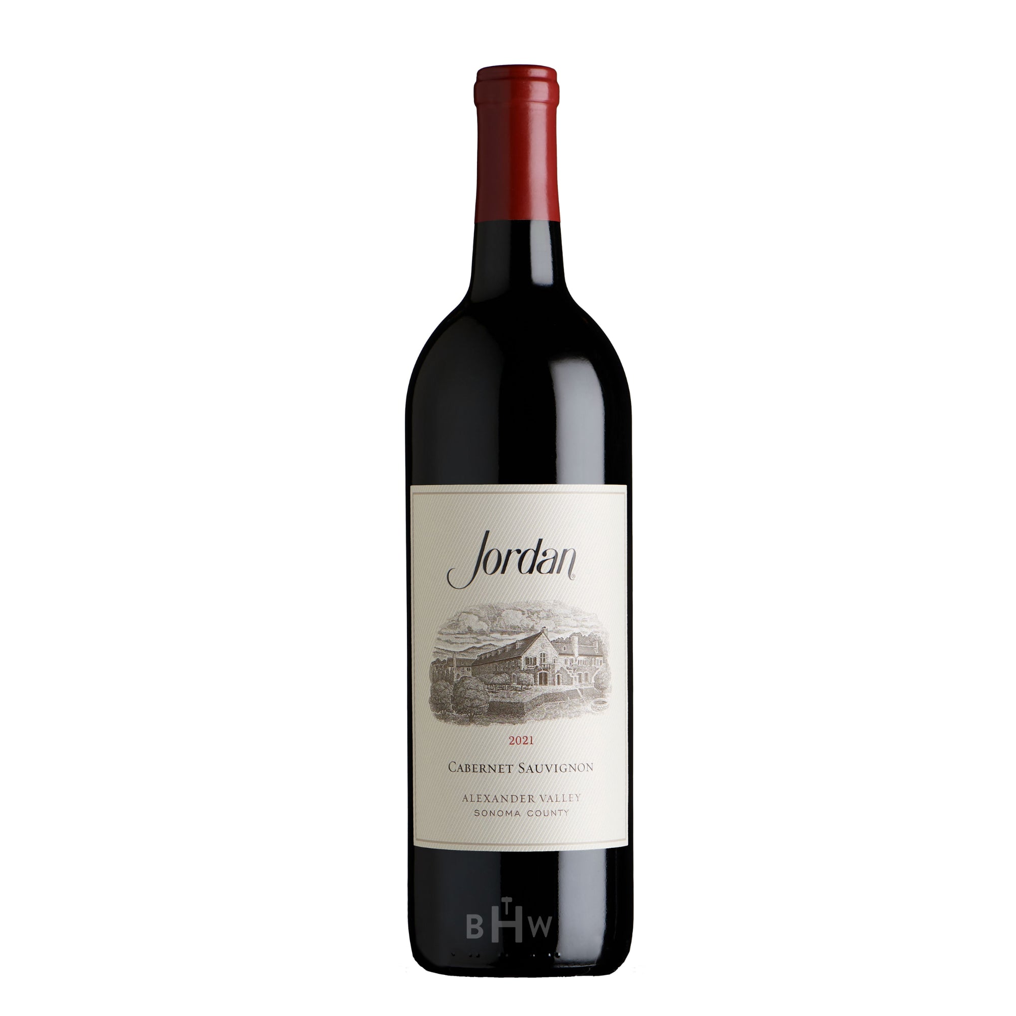 A bottle of 2021 Jordan Winery Cabernet Sauvignon from Alexander Valley, Sonoma County, featuring the classic Jordan estate illustration on a cream label with a red foil capsule.